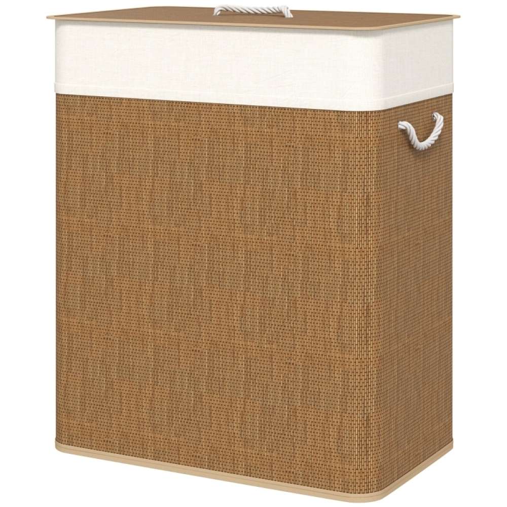 Cesto Biancheria 100L Con Coperchio E 2 Scomparti - Bambù Naturale - Pieghevole - 2