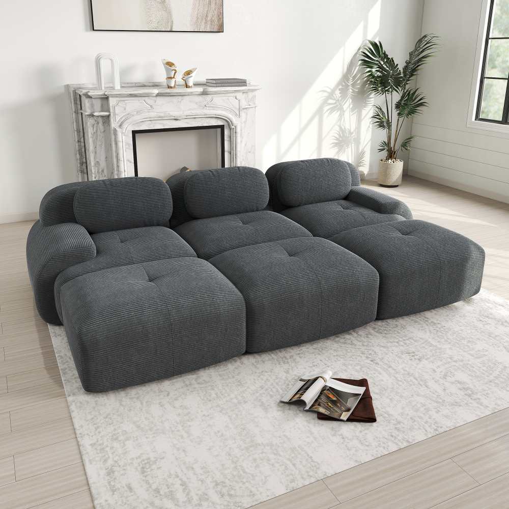 Canapé modulaire 3 places en tissu côtelé avec 3 poufs, accoudoirs extra-larges, rembourrage 32D, sans montage, adapté aux animaux - 3