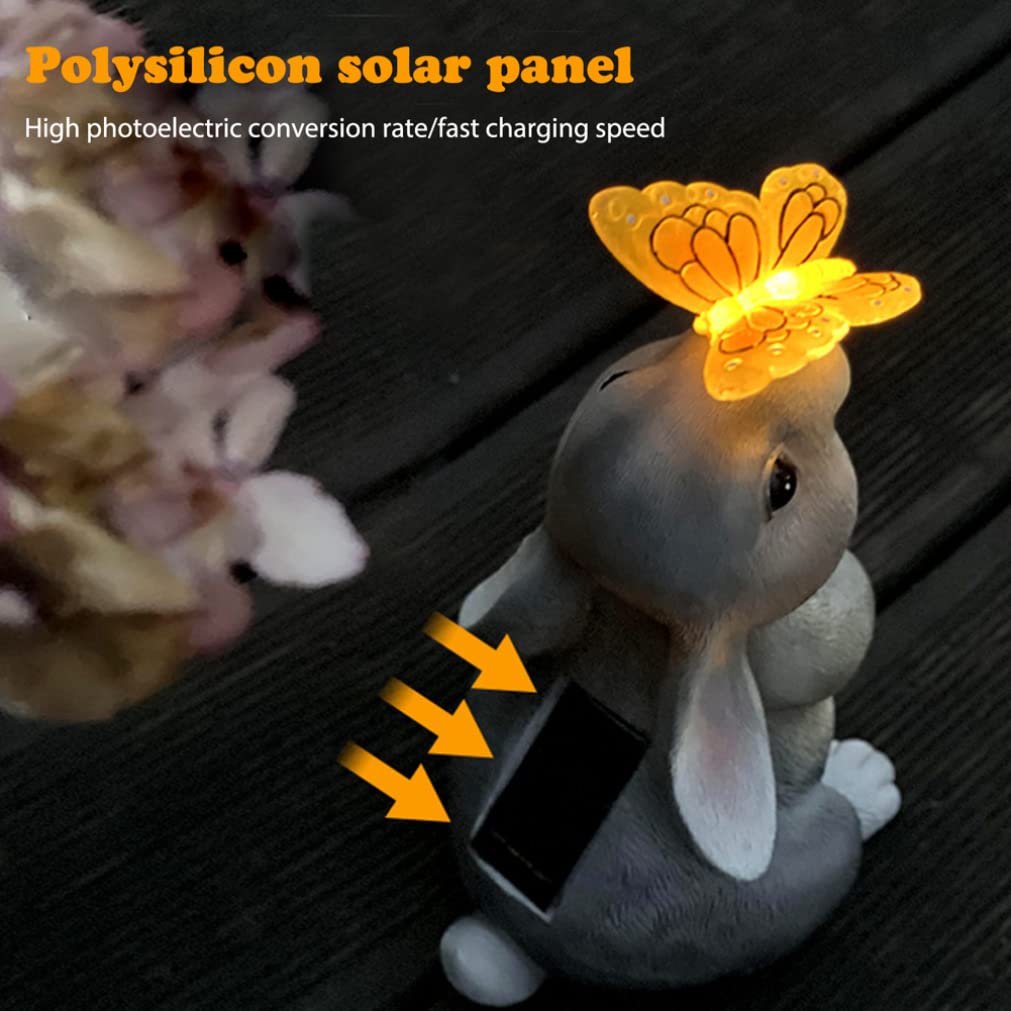 Statue de lapin, ornements de jardin solaire, ornement de jardin extérieur avec lumière solaire papillon, décoration de maison, 15x14x26 cm, gris - 4