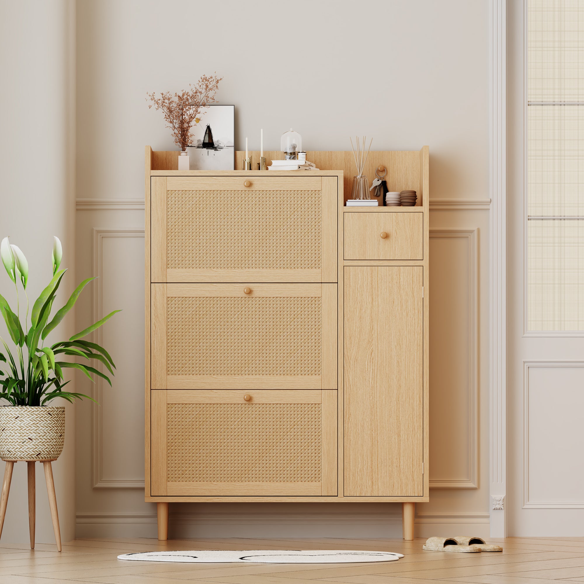 Meuble à chaussures 3 portes abattants et 1 tiroir dim. 90L x 17L x 125H cm aspect bois effet cannage rotin coloris chêne - 6