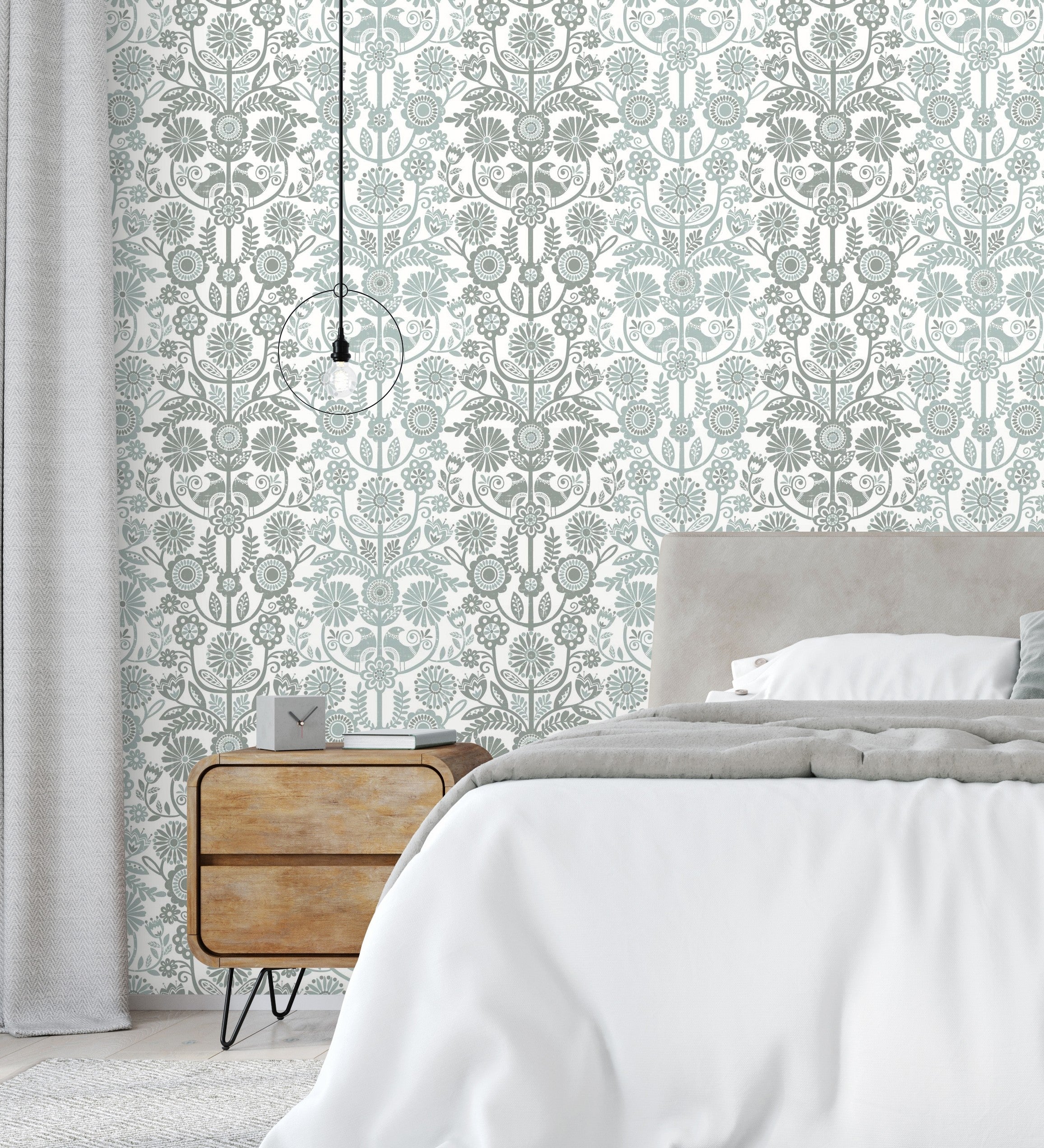 Papel pintado vinílico ecológico nórdico de flores rayas celestes y grises - canterbury 679399 de gaulan - rollo de 10 m x 0,53 m