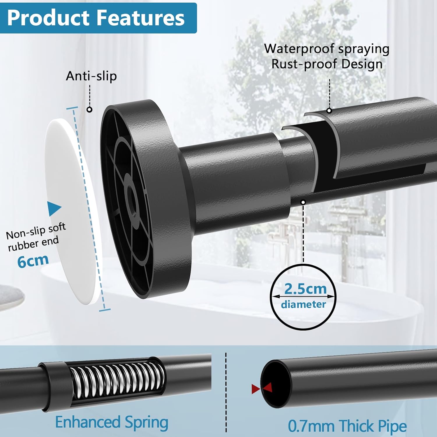 Aste Telescopiche Per Tende Senza Fori 55-85 Cm, Diametro 25 Mm Binario Regolabile Per Tende Da Doccia Per Armadi Finestre Bagni Nero 98451327 - Foto 6