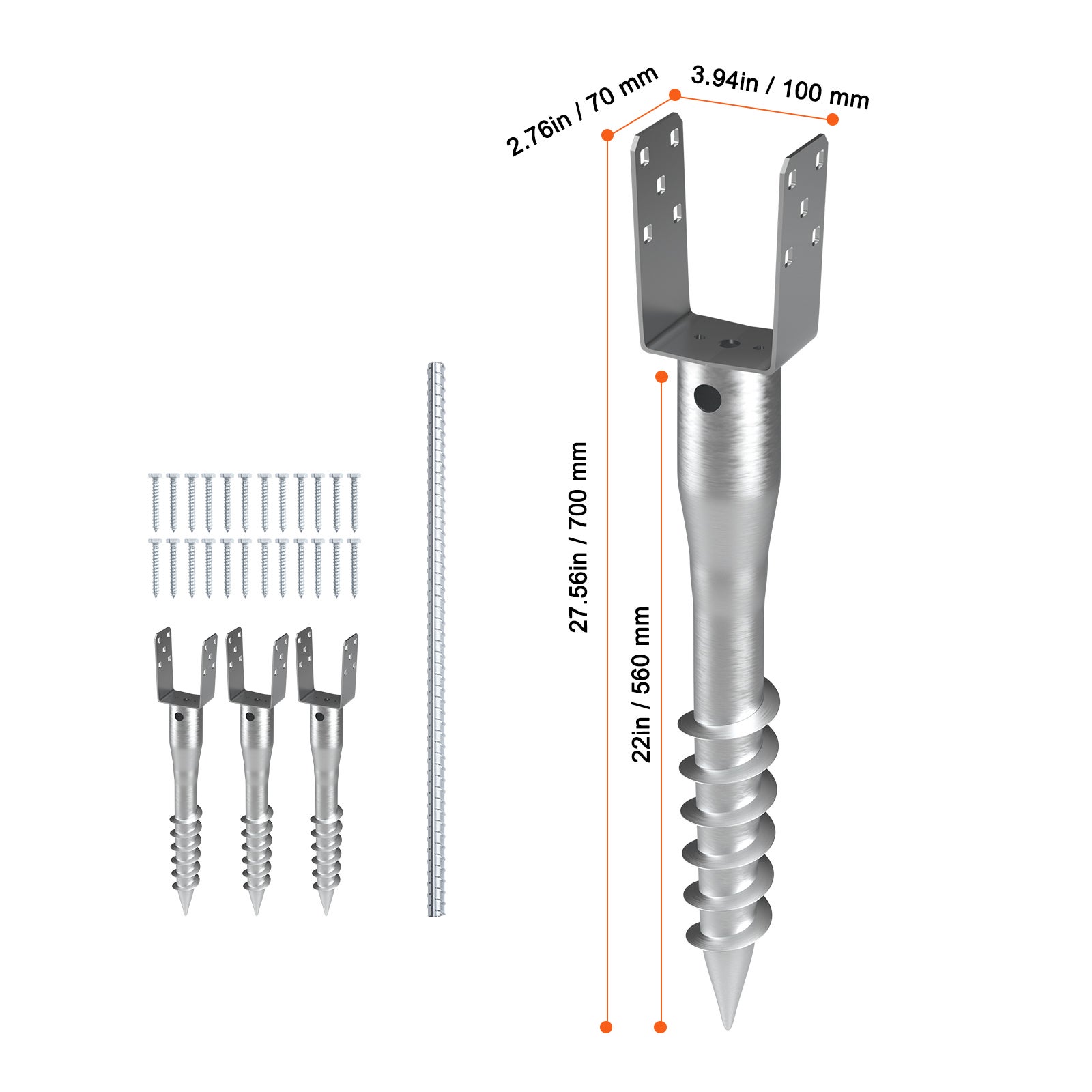 Lot 4 ancrages au sol sans fouille SucceBuy 10,9 x 7,5 x 70,5 cm, comprend 6 tire-fonds et barres d'armature, support en acier en forme U pour boîte - 2