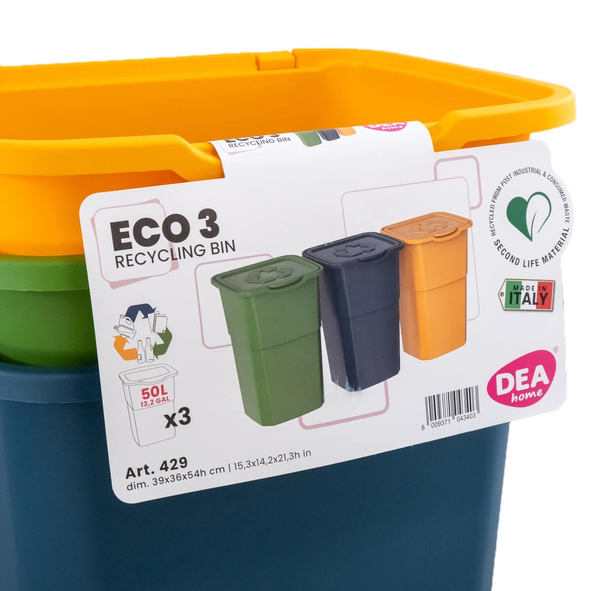 Lot de 3 Poubelles de tri Jaune/bleu/Vert 39 x 36 x 54 cm avec Couvercle Capacité 3 X 50L DEA HOME - 4