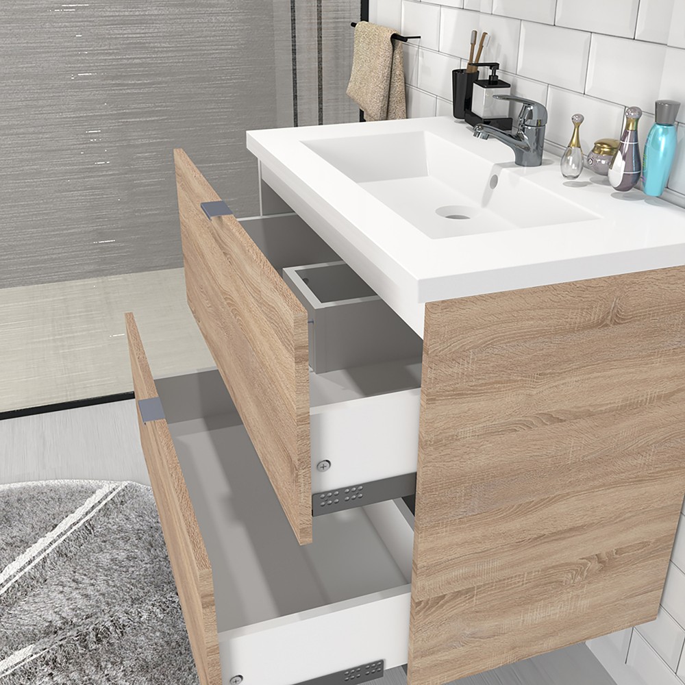 Meuble sous vasque MALAGA 80 cm + vasque + miroir + colonne / Décor Chêne blanchi - 4