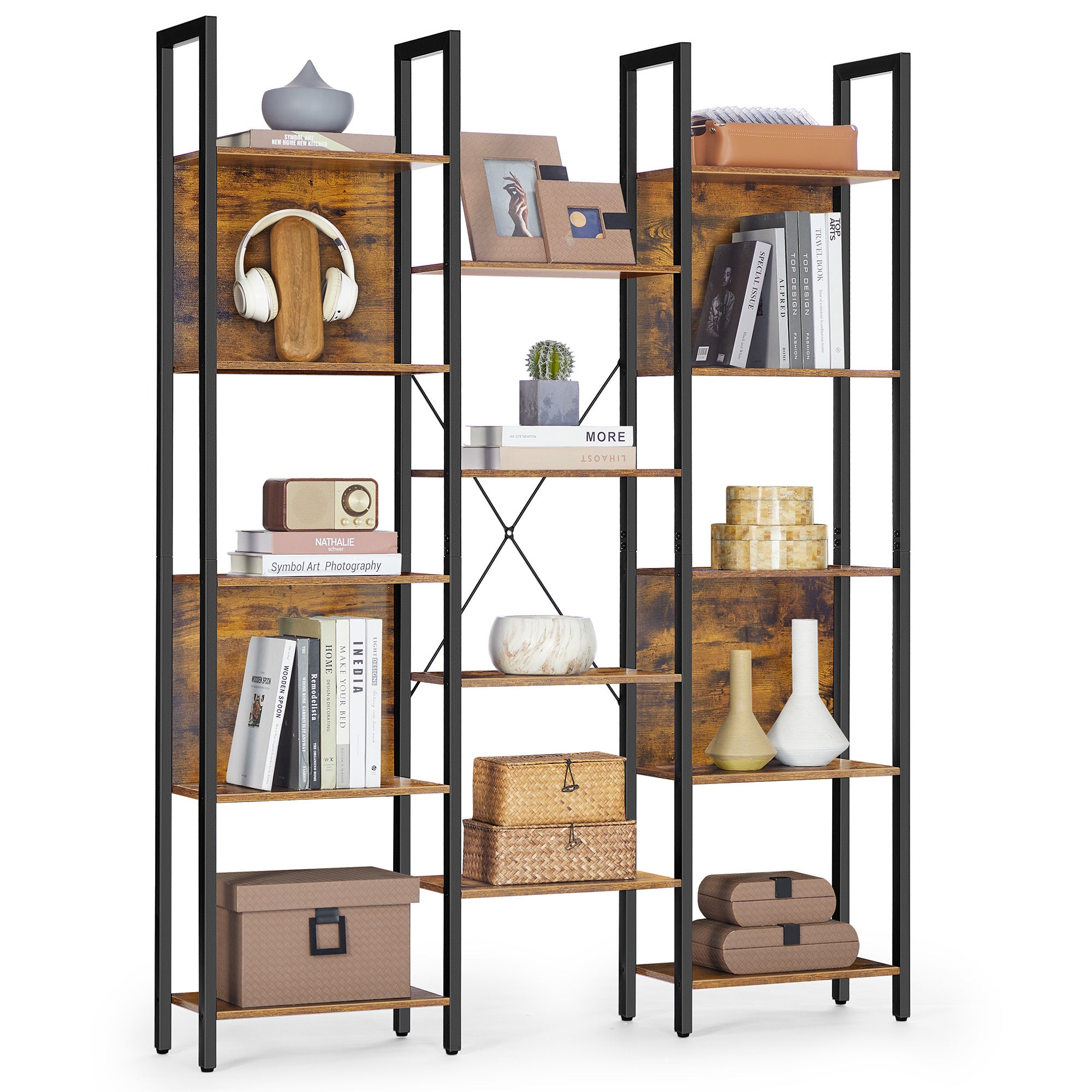 Bibliothèque, Étagère de Rangement, avec 14 Étagères, Cadre en Métal