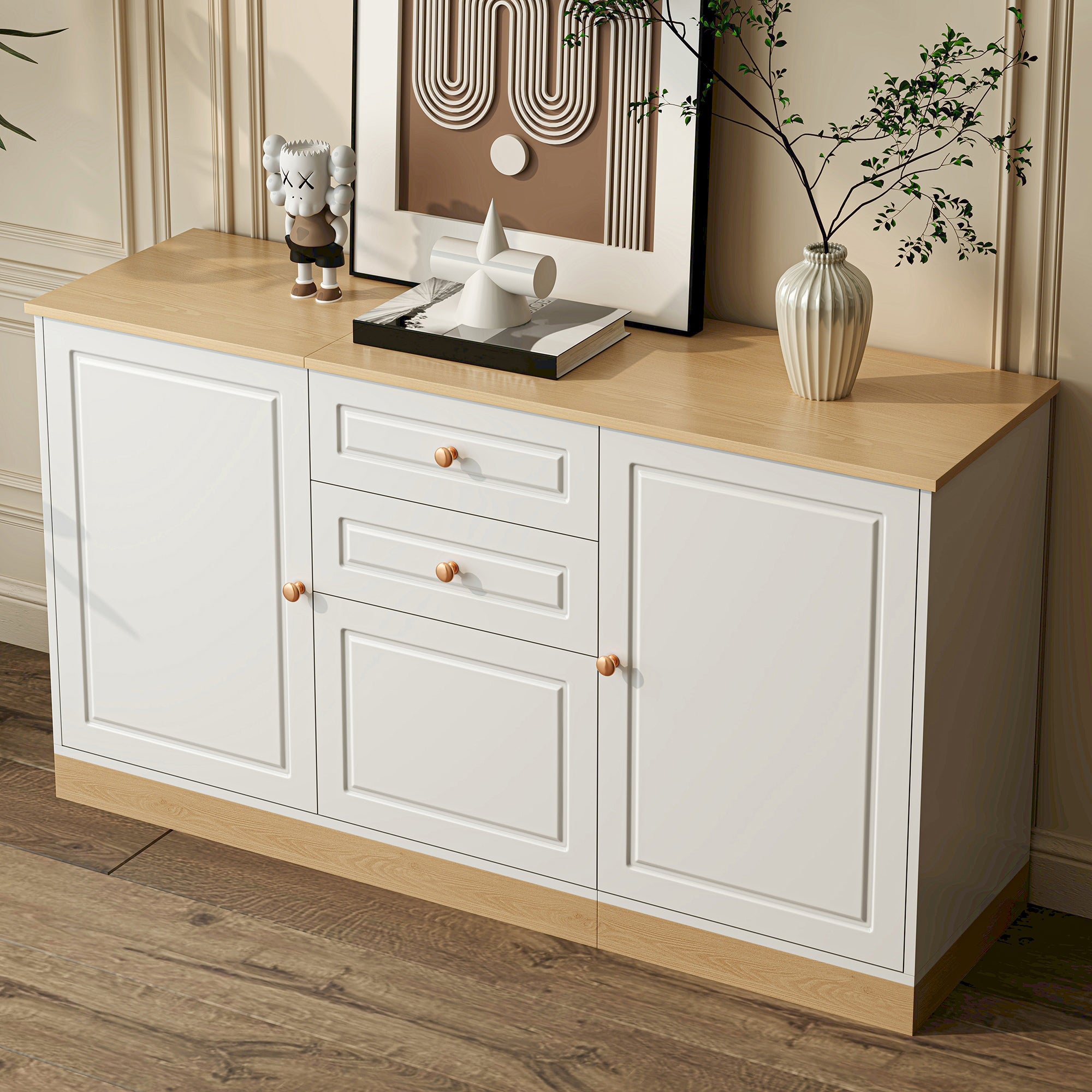 Aparador de tres puertas con doble cajón, ideal para el salón y el comedor, mueble de almacenamiento multifuncional.