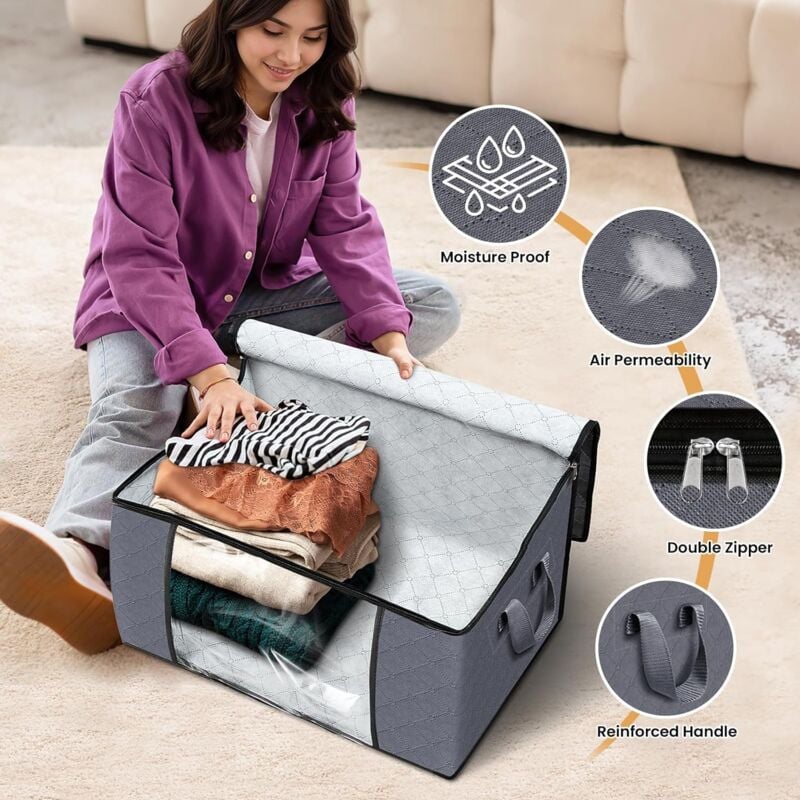 Lot de 6 sacs de rangement pliables en tissu épais pour vêtements, couvertures, pour organiser la chambre, le placard, les vêtements et la couette - 3
