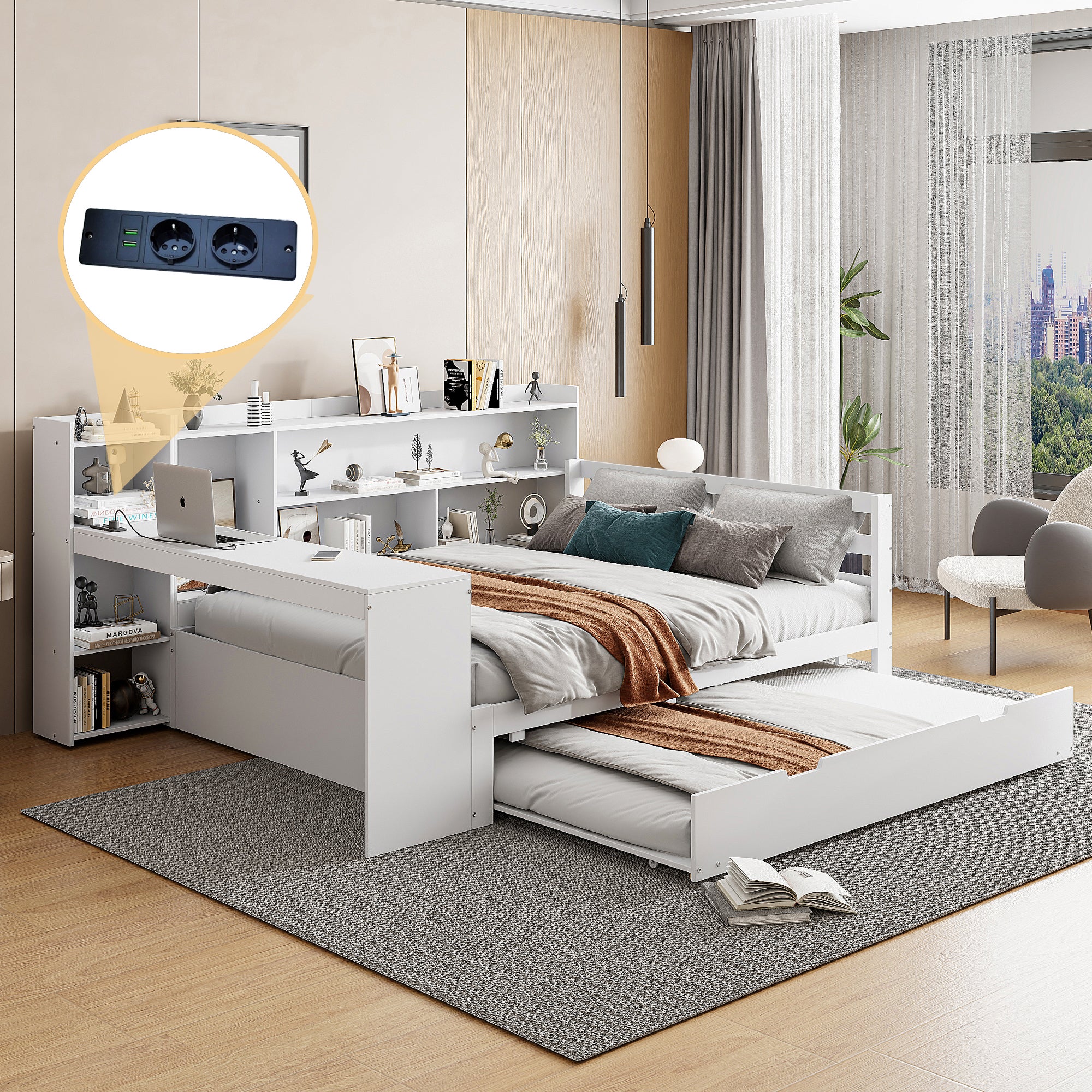 Divano letto, 140*200cm, con scrivania, libreria, contenitori e