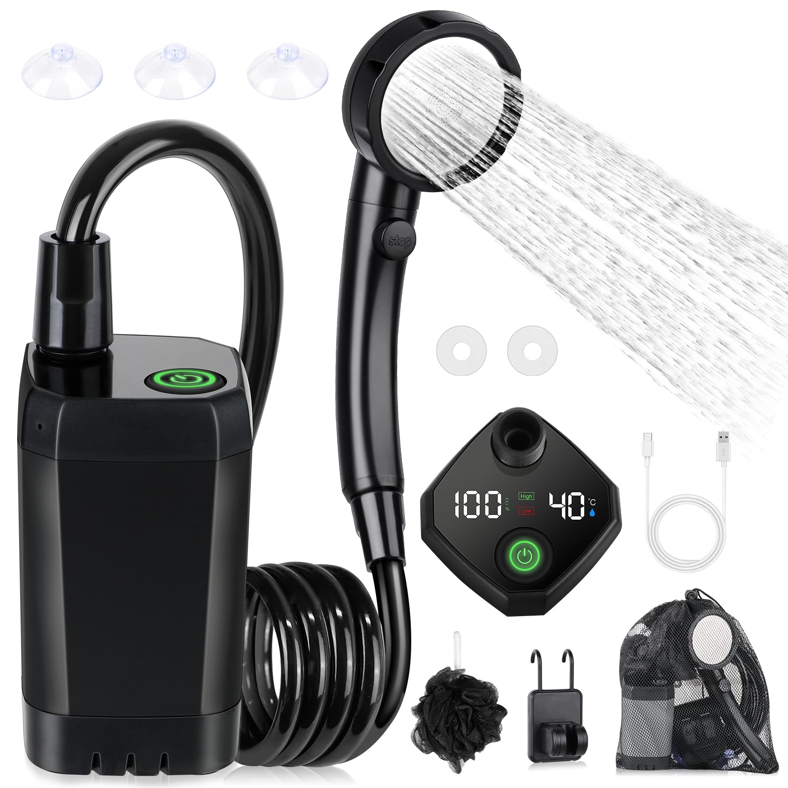 Douche de camping portable 5.3/6.6 gal. Seau pliable 6000mAh Pompe de douche rec