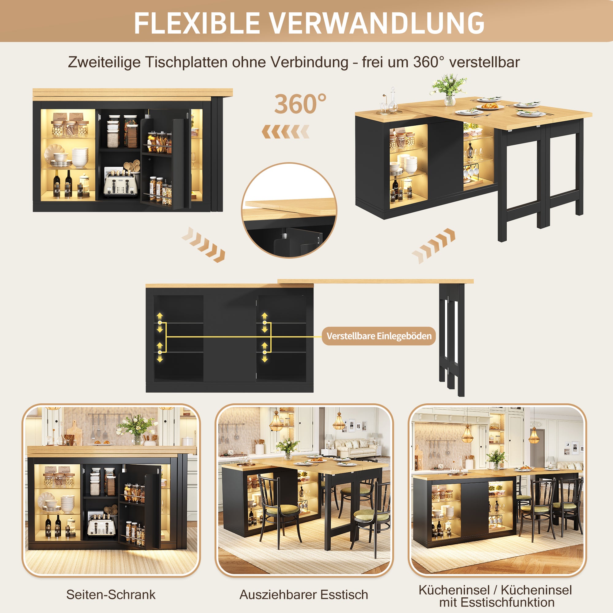 Table de cuisine îlot extensible 120-197x40x72 cm, rotation 360°, avec LED RGB, portes magnétiques, étagères en verre, MDF, Noir - 5