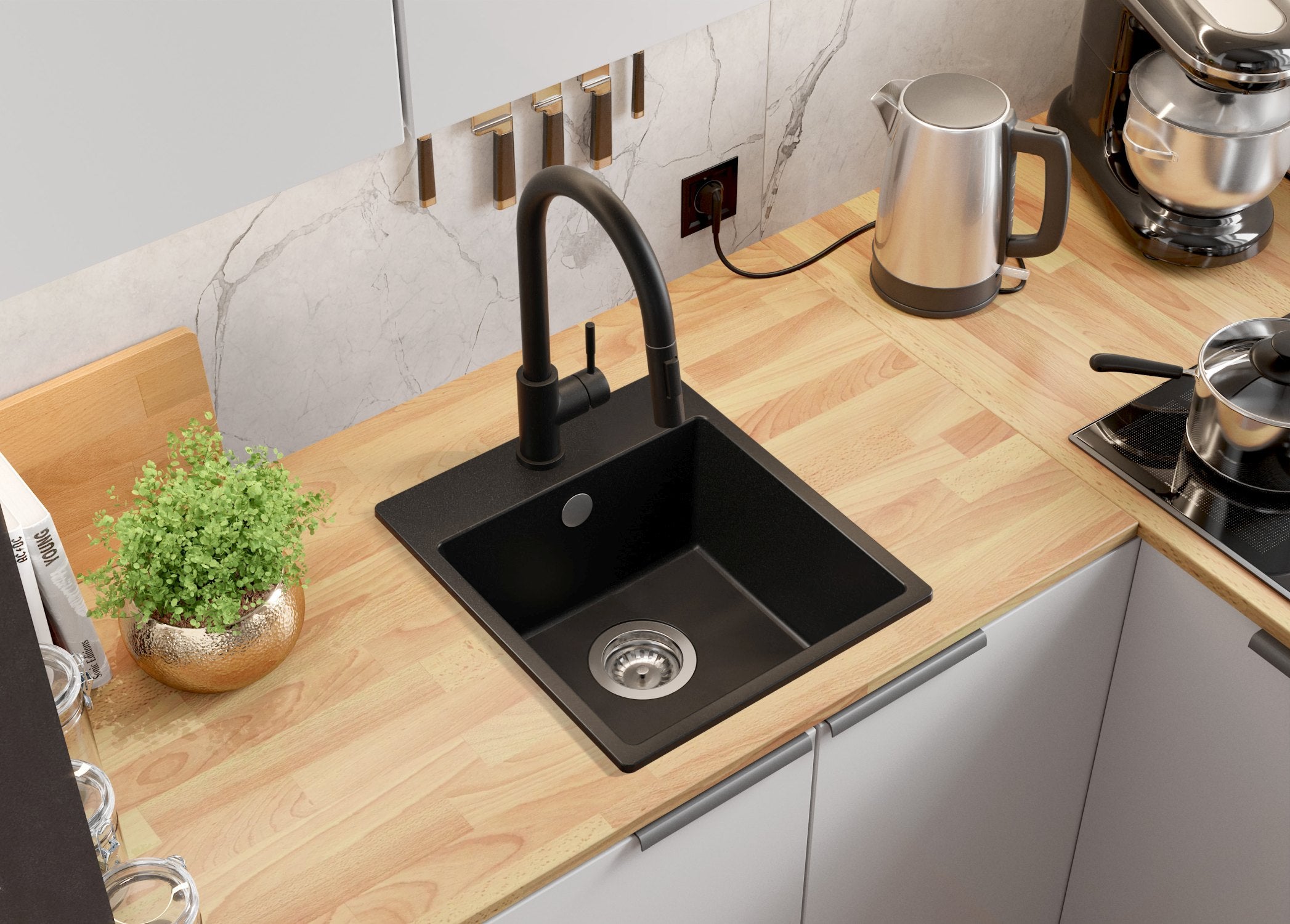 Lavandino da Cucina Nero 38x44cm, Lavello in Granito a 1 vasca + Sifone Classico + Accessori, Lavabo da Cucina Incasso al mobile 40cm PRIMAGRAN - 2