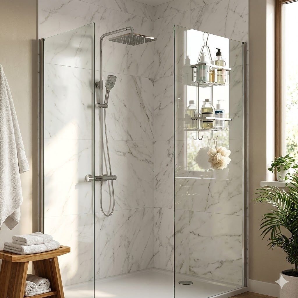 Set de douche SENSEA - Colonne de douche avec robinet mécanique et étagère de douche suspendue - Chrome - Studio / Essential - 2