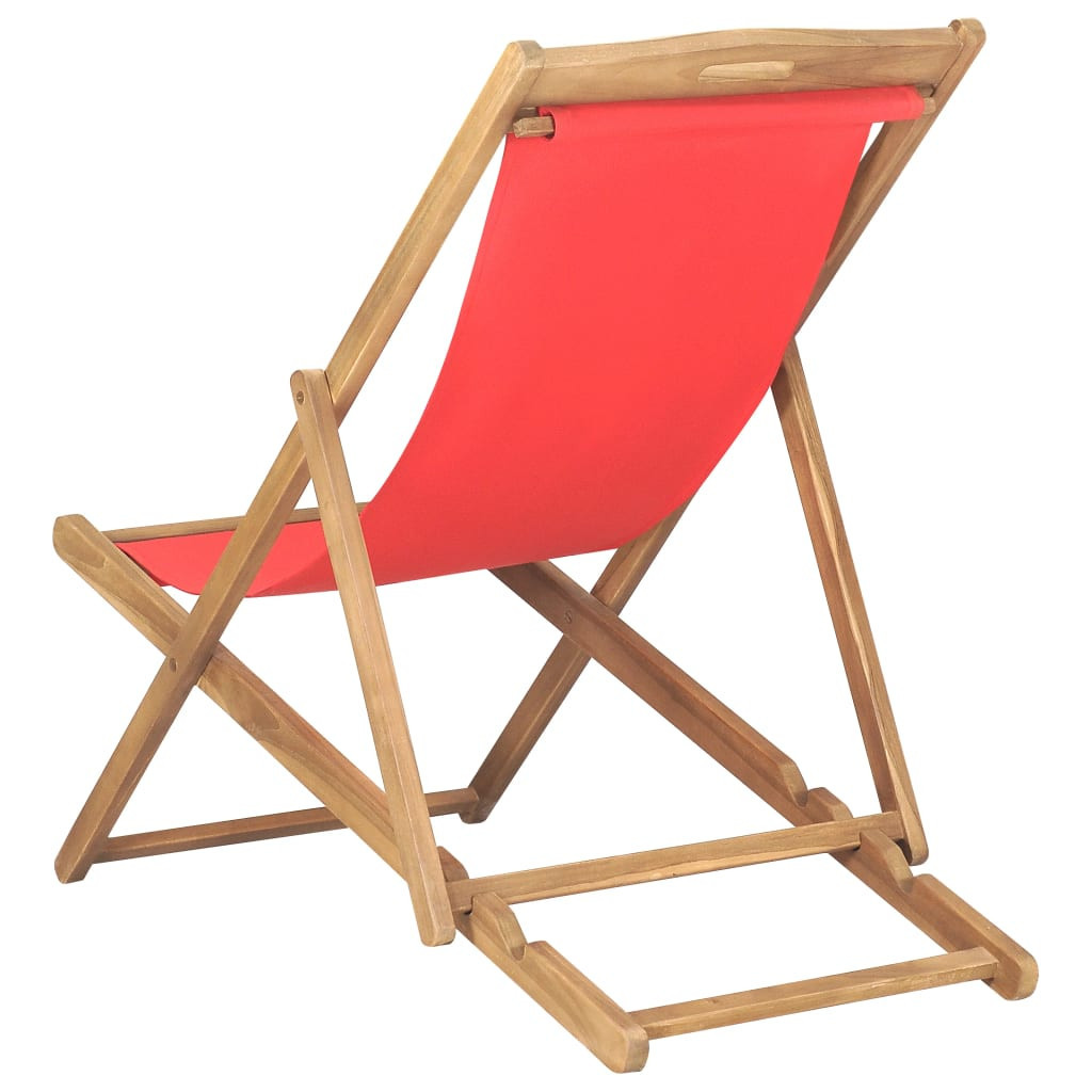 Chaise de plage pliable Bois de teck solide Rouge - 4