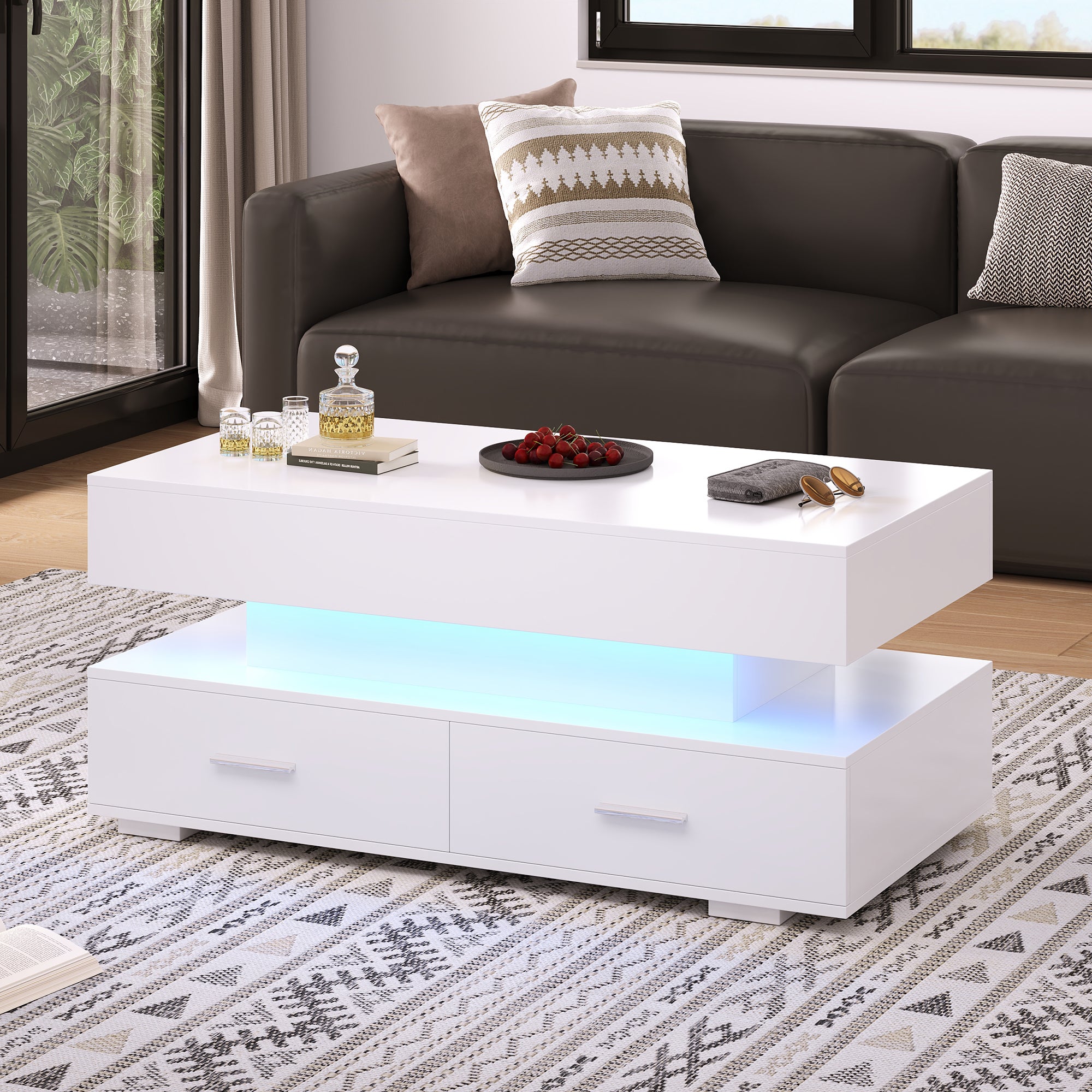 Table basse relevable LED 100x50x44 cm , Bluetooth, 2 Tiroirs et Rangement - pour Salon - Blanc - 4