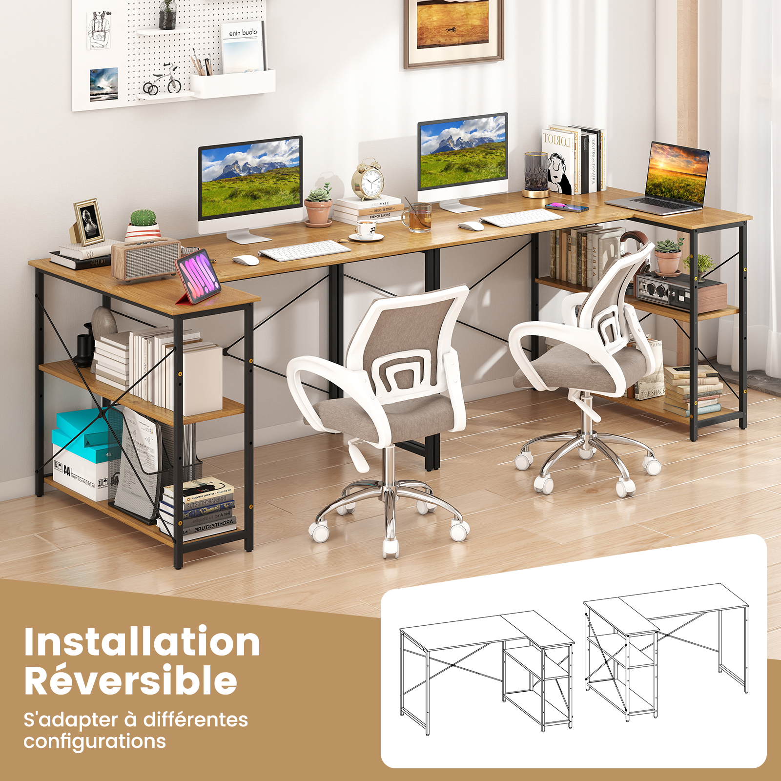 Bureau d'Ordinateur en Forme de L, Bureau d'angle Réversible avec Étagère Réglable, Table d'Étude Gain de Place, Naturel - 7