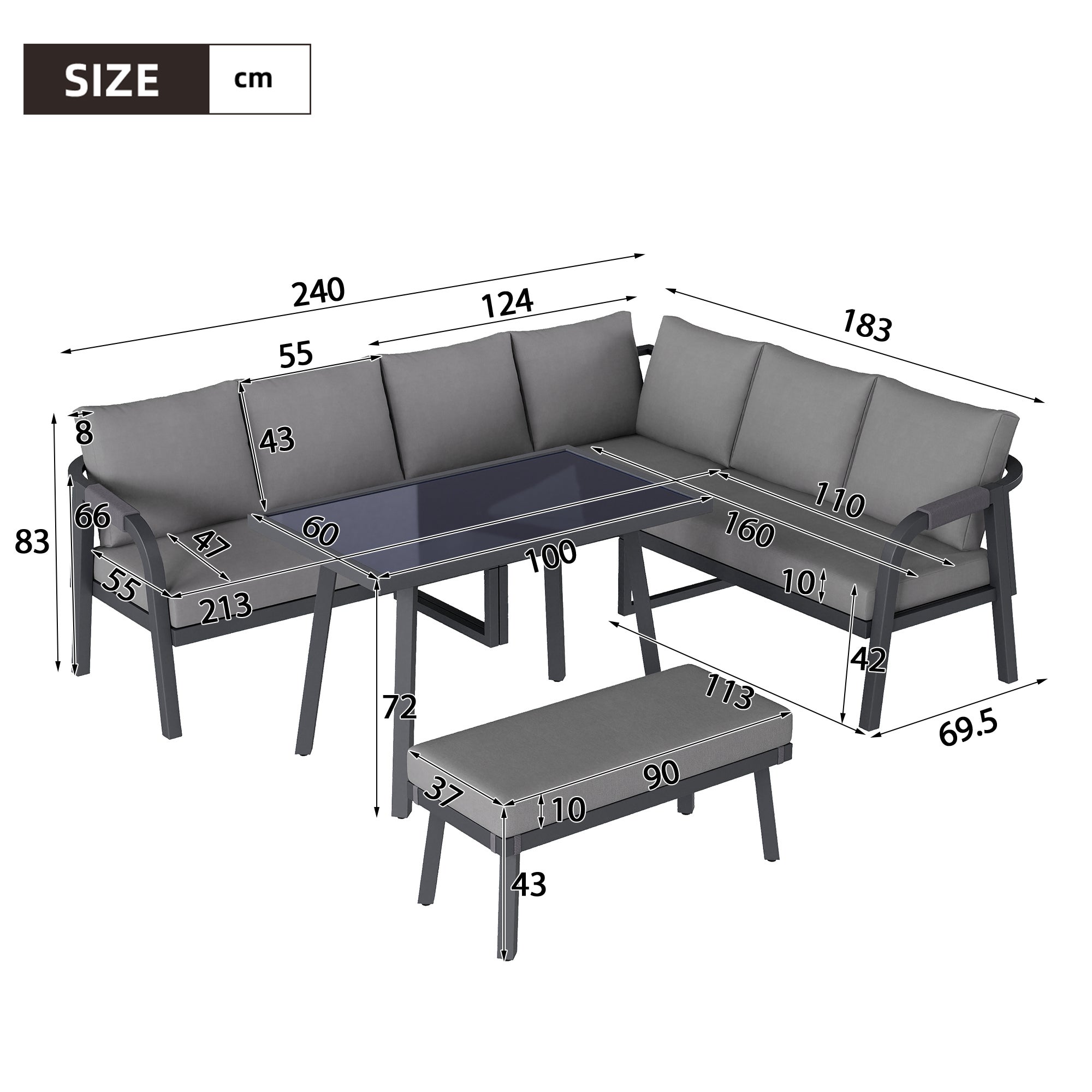 Conjunto de jardín XL de 8 plazas - Conjunto de comedor esquinero con mesa alta y banco - Acabado en cuerda trenzada - Gris - 6