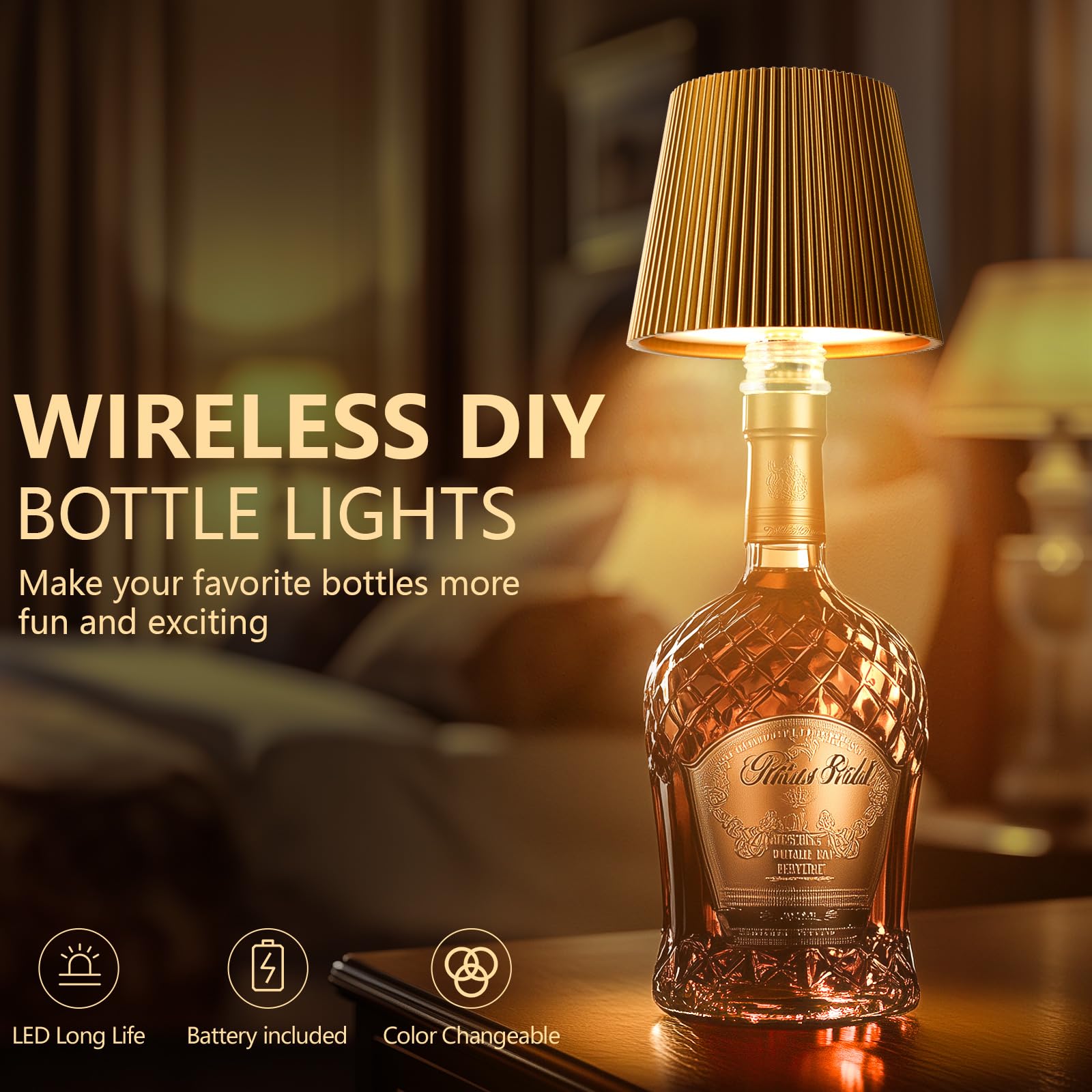 Luce per bottiglia di vino senza fili, luce per bottiglia di vino a LED, luce ricaricabile per bottiglia di vino touch, 3 temperature di colore (oro) - 5