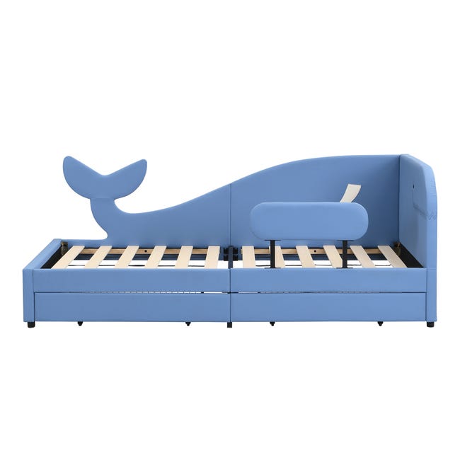 Lit Enfant 90x200 Cm En Forme De Baleine Bleu - Avec 2 Tiroirs Et Barrières De Sécurité - Rembourré En PU - Pour Garçons Et Filles