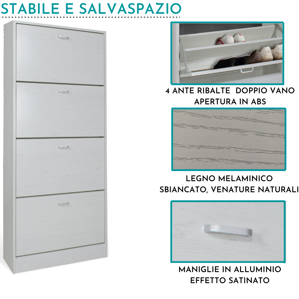 Scarpiera Salvaspazio da Ingresso 4 Ante a Ribalta, Mobile Slim In Legno Melaminico 63x24x150h, Bianca - ZIK - 7