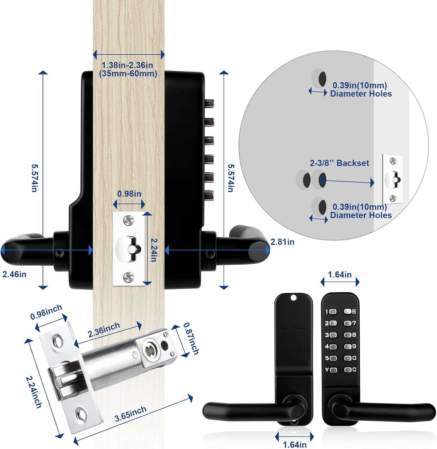 (nero) Serratura meccanica senza chiave con pomello della porta con tastierino, tastiere impermeabili con maniglia, serratura digitale per porta in - 4