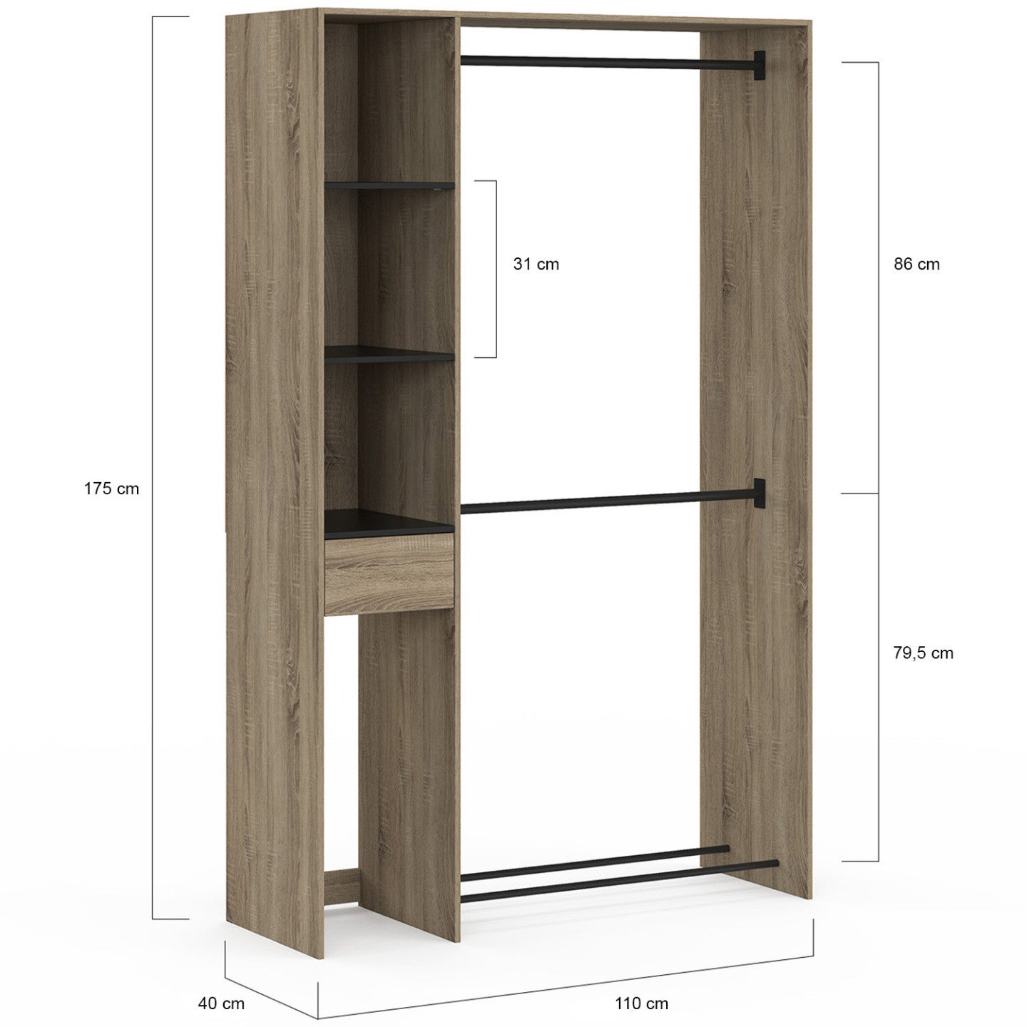 Dressing double penderie L. 110 cm MIRTY avec étagères + tiroir + rangements à chaussures hêtre et noir - 4