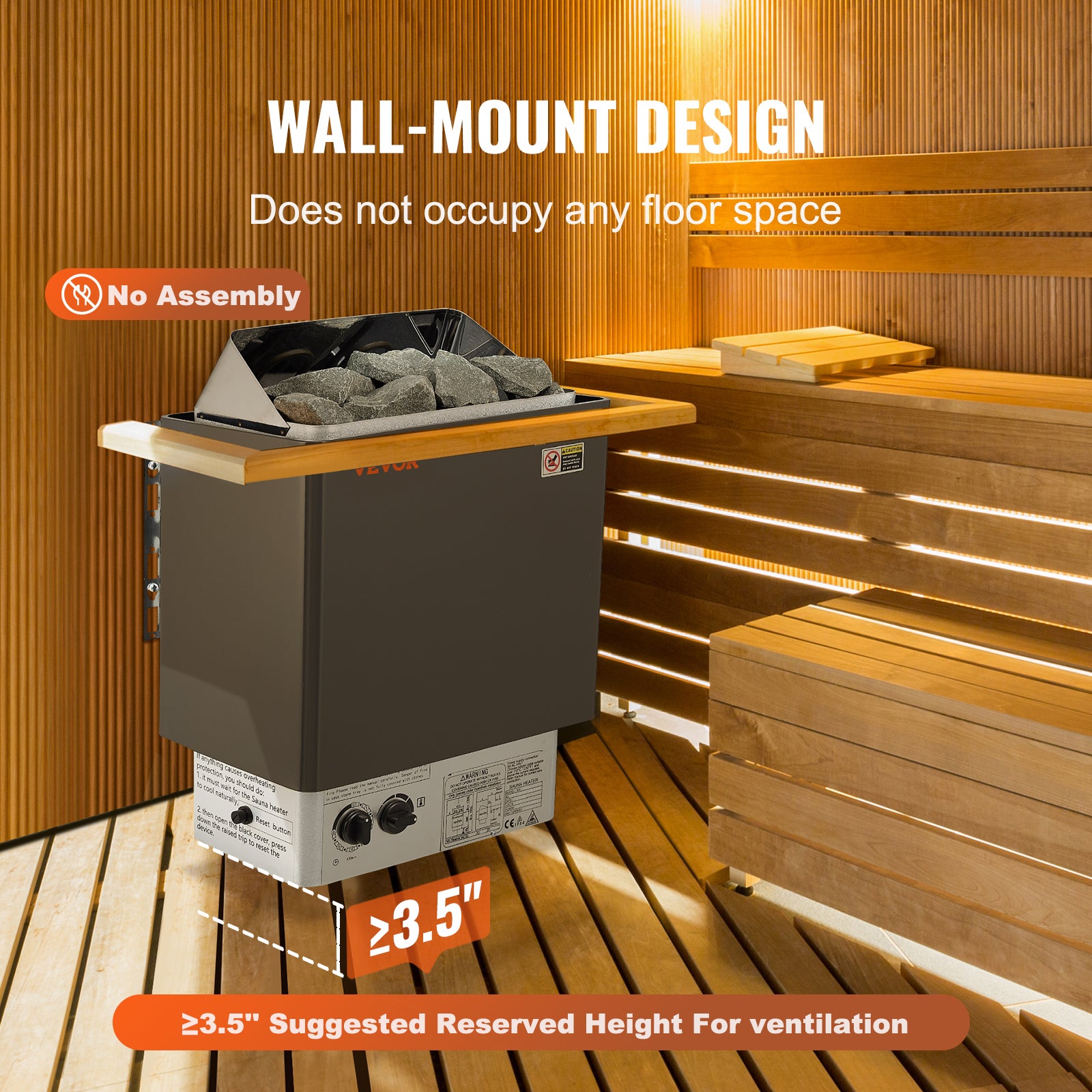Poêle sauna VEVOR, inox, 8 kW 400 V 3N, minuterie 3 h, 110 °C, pour 8–12 m³, usage spa/hôtel, pierres non incluses - 6