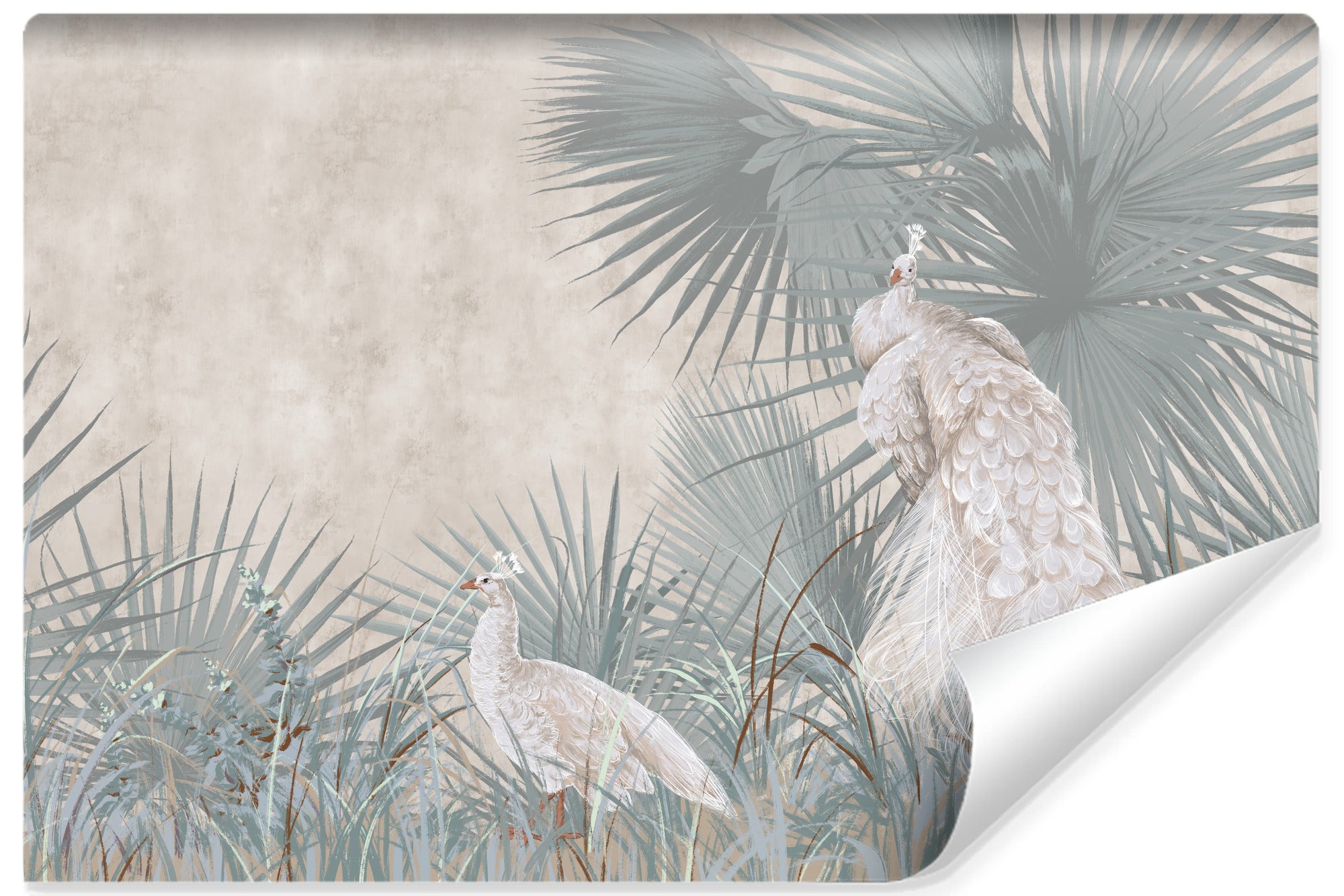 Papel pintado vlieseline foto hojas retro pavos reales concreto para habitación 315cm x 210cm