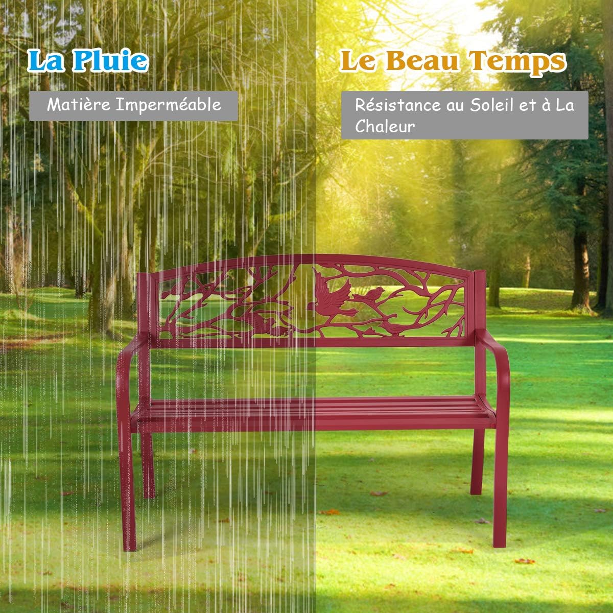 Banc de Jardin en Métal, Dossier Ergonomique avec Motif a l’Oiseau en Fer Forge, 2-3 Places, avec Accoudoirs et Dossier Ergonomique, 280KG,Rouge - 3