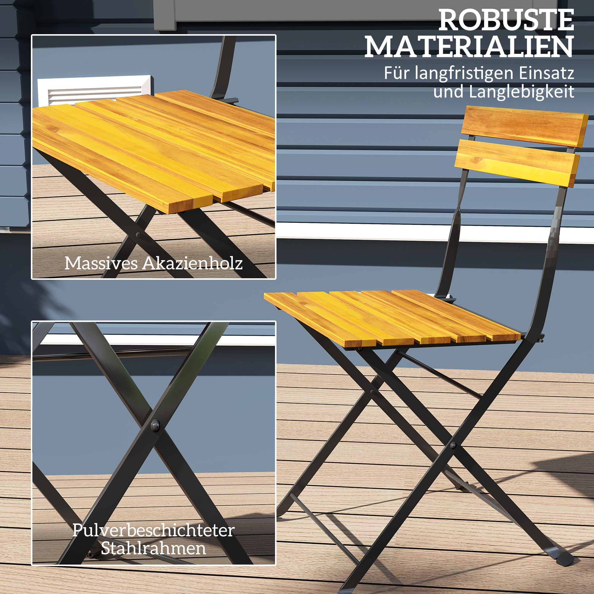 Ensemble de salle à manger 3 pièces pour 2 personnes, table pliante avec 2 chaises pliantes pour terrasse/balcon, en teck - 7