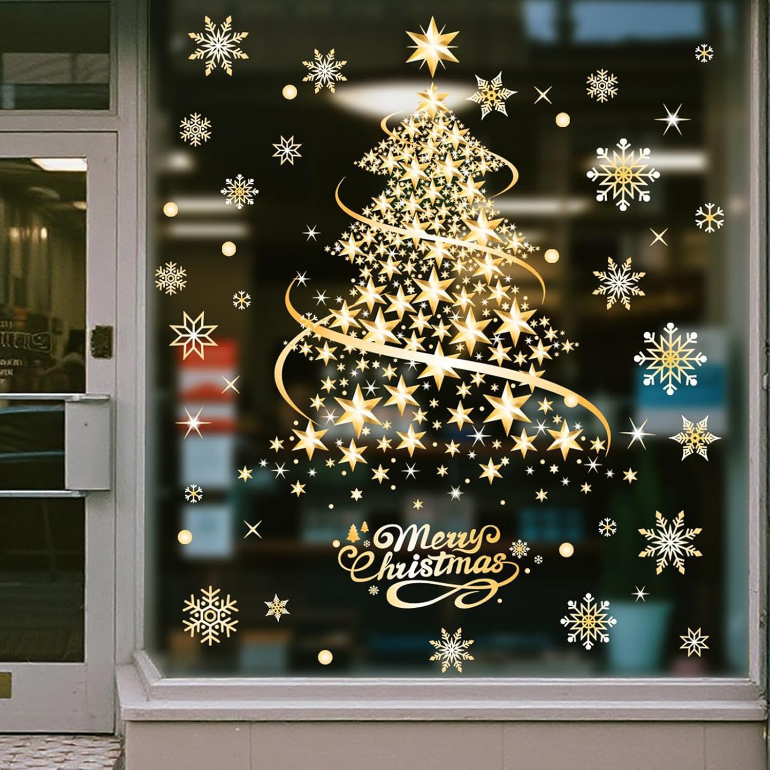 Lot De 2 Stickers Grand Sapin De Noël Doré 35x50 Cm - Autocollants Statiques Réutilisables Pour Mur, Fenêtre, Porte, Vitrine - 5