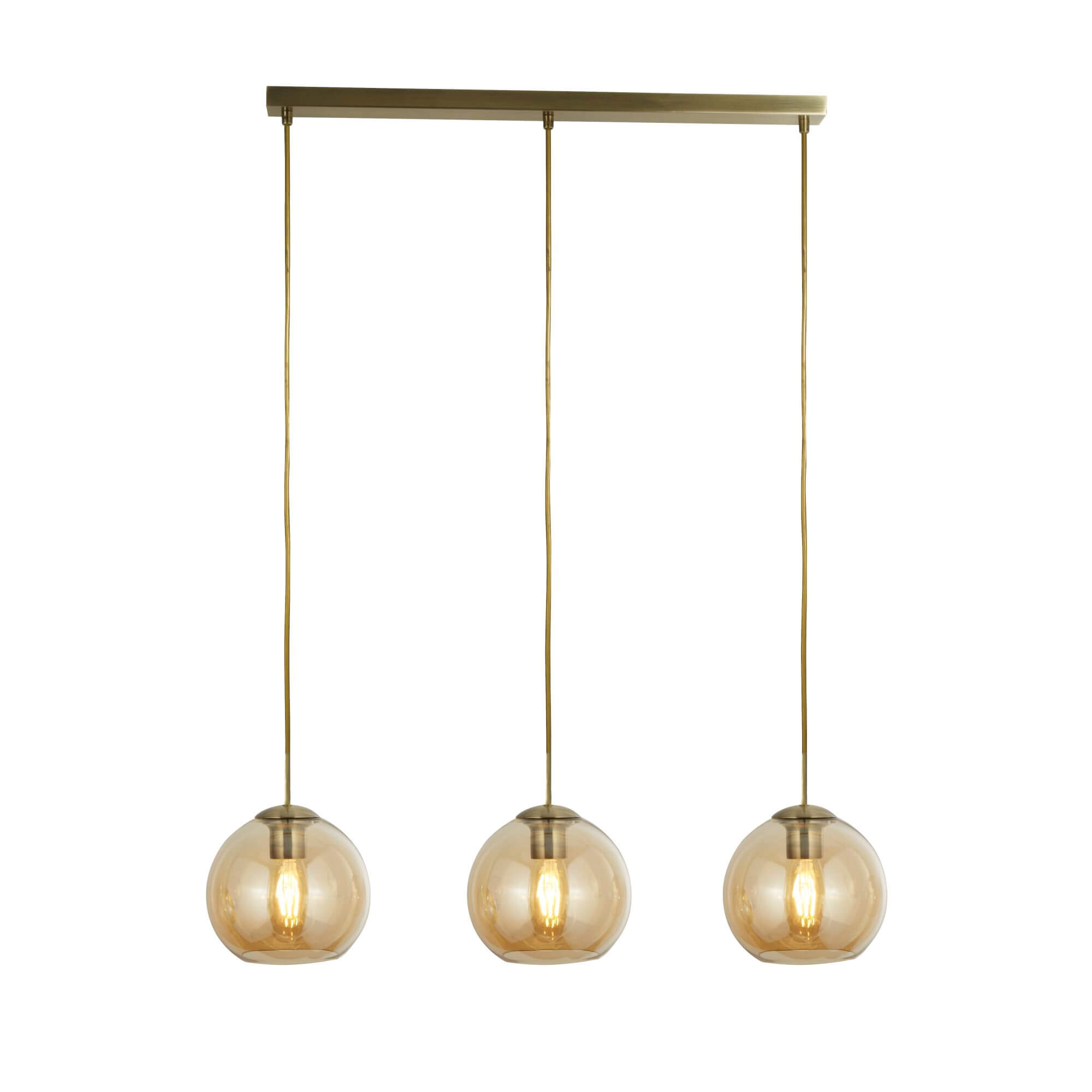 Suspension BALLS 3L Barre, métal Laiton antique avec verre ambré E27 3x60w Haut 150cm Lg 86cm - 6