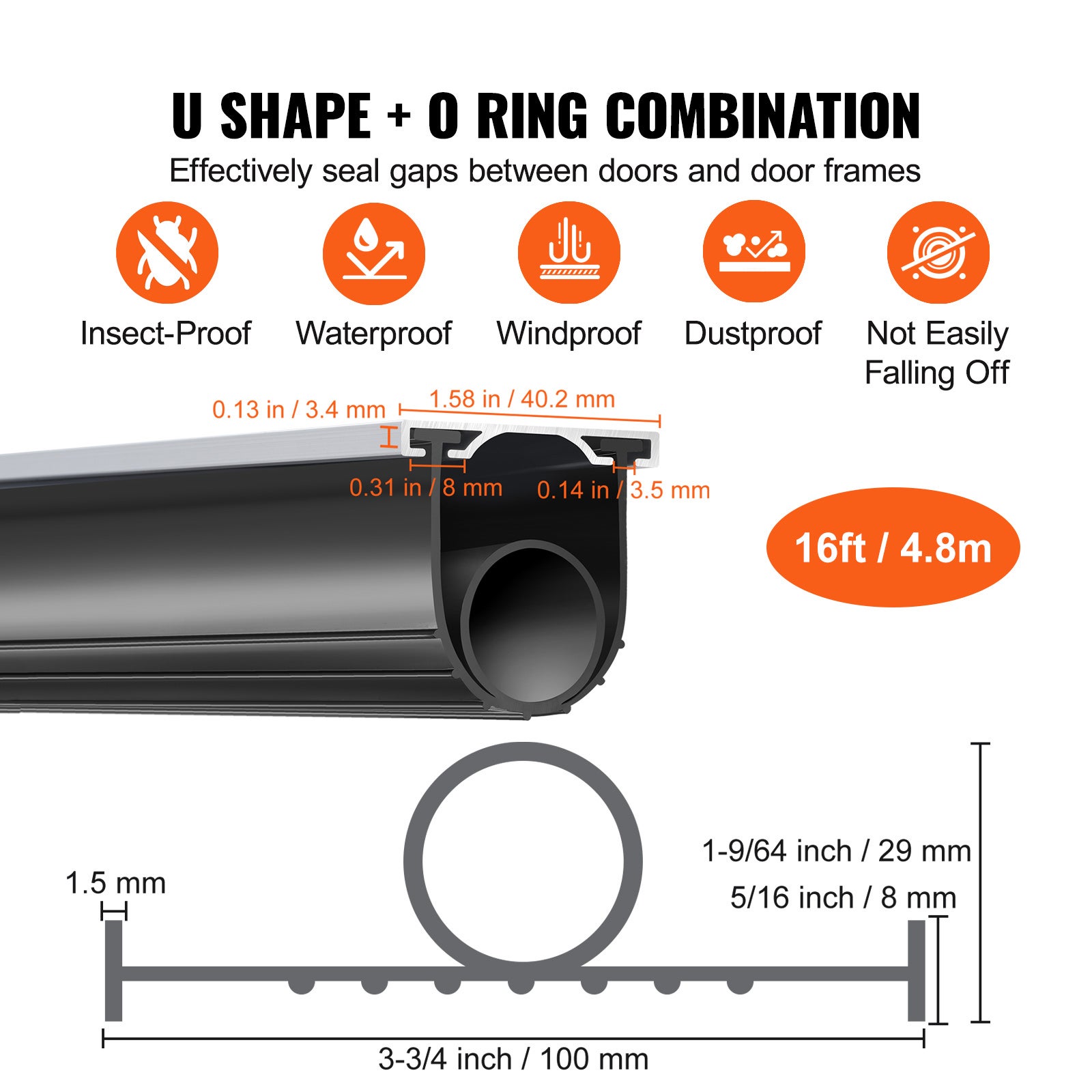 Joints de Porte SucceBuy de Garage 16 Pi, Caoutchouc Noir Forme U + Torique, Extrémités T 5/16