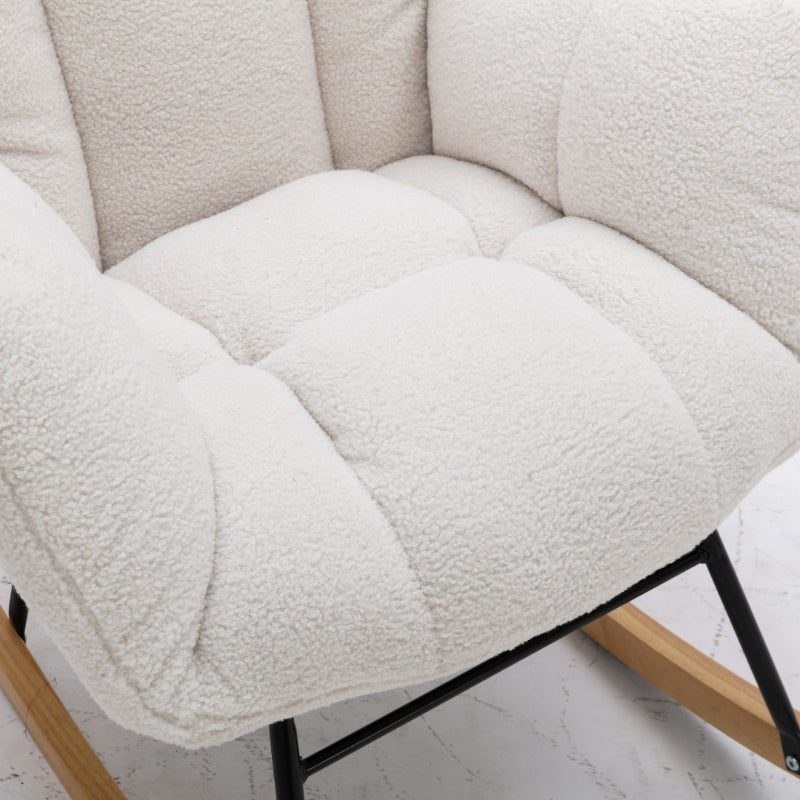 Nowoczesny fotel bujany w tkaninie Teddy z wyściełanymi podłokietnikami i pikowanym wzorem – idealny do salonu i sypialni - 7