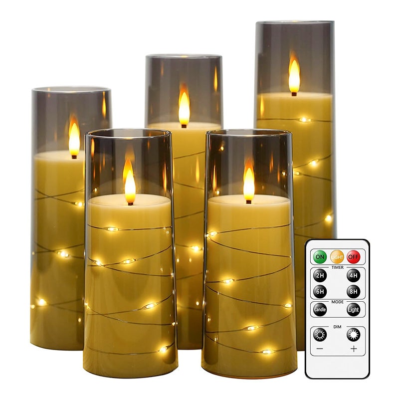 Zestaw 5 świec LED w długich rurkach 5,5 x 20 cm, kolor szary, różne długości, z pilotem, do dekoracji wnętrz
