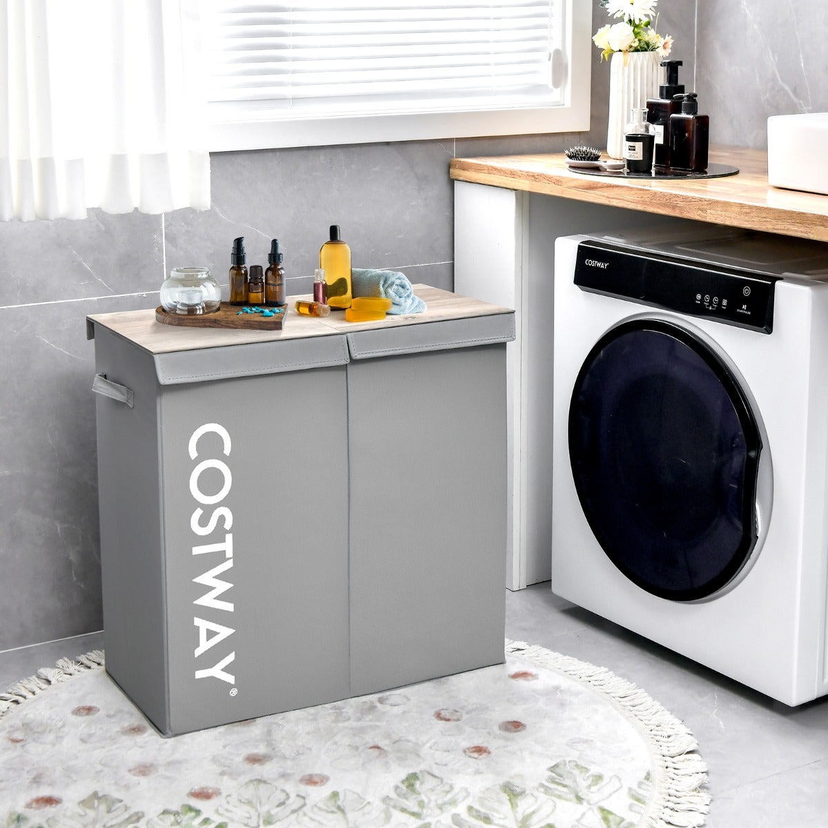 Cesto de ropa con tapa 115l - 2 compartimentos para baño dormitorio lavandería 62x31x60cm gris