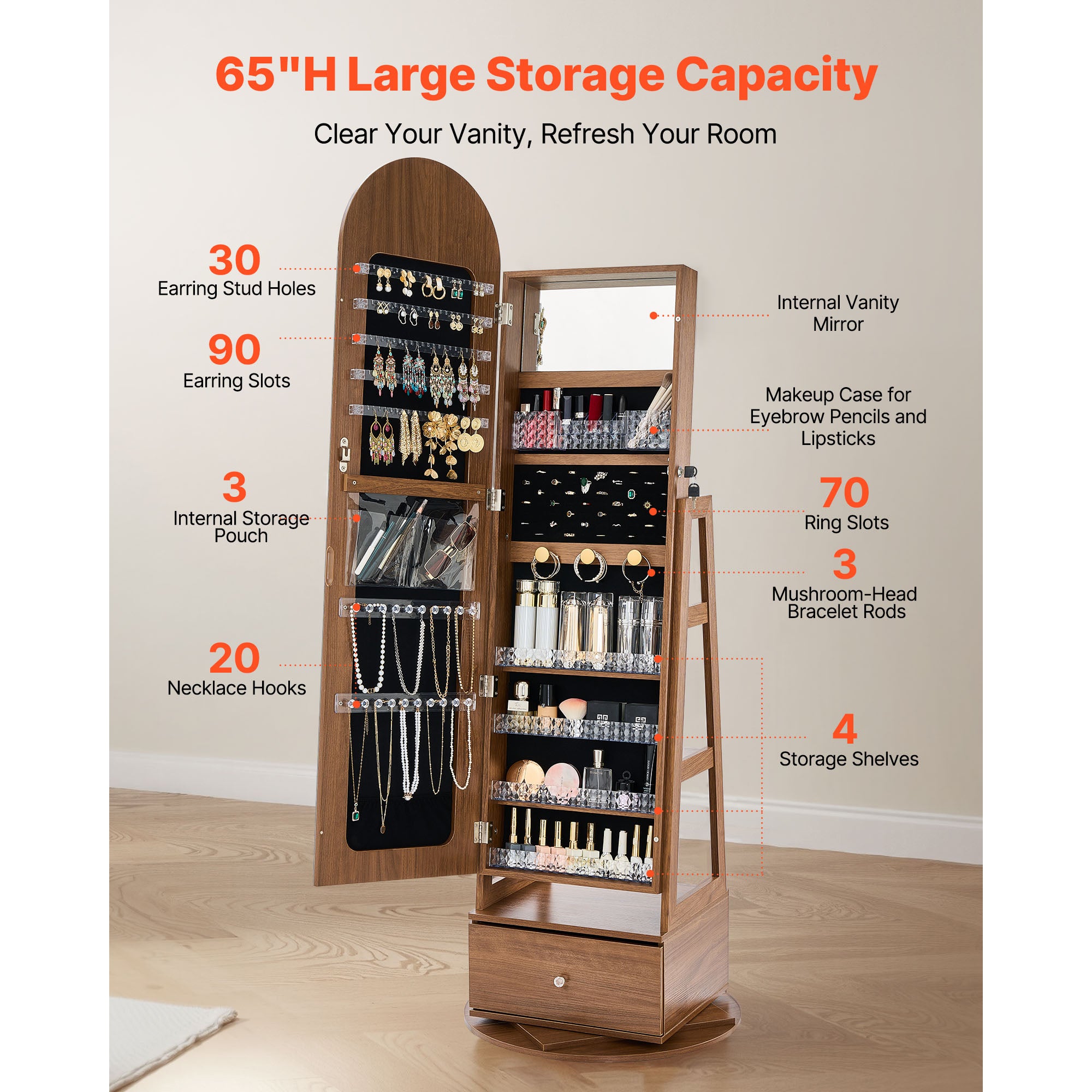 Armoire a bijoux SucceBuy rotative a 360°, meuble de rangement sur pied, 1650 mm, avec miroir integral, etageres pratiques,porte securisee avec 2 cles - 3