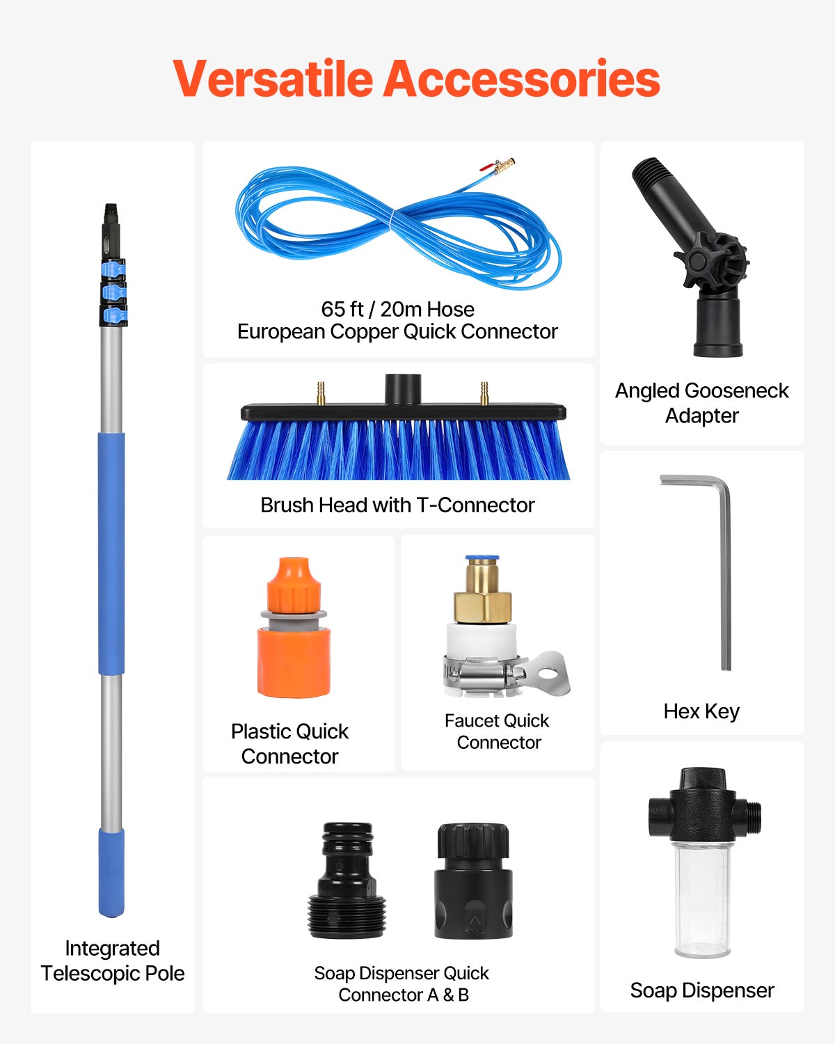 Kit perche télescopique VEVOR 3,6 m,brosse rotative 180°,tuyau 20 m,outil nettoyage panneaux solaires/vitres alimenté eau - 6
