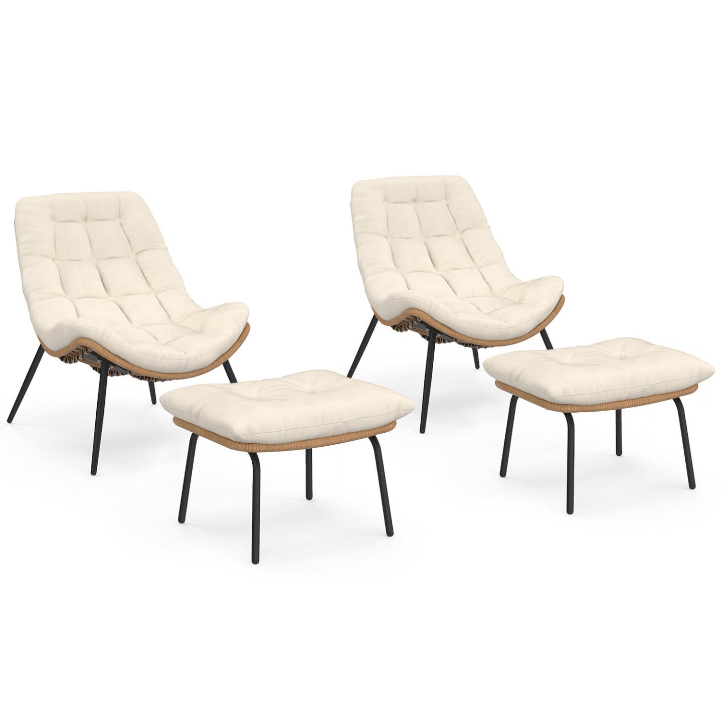 Lot de 2 fauteuils de jardin relax LOA effet rotin avec coussins écrus et repose-pieds - 2