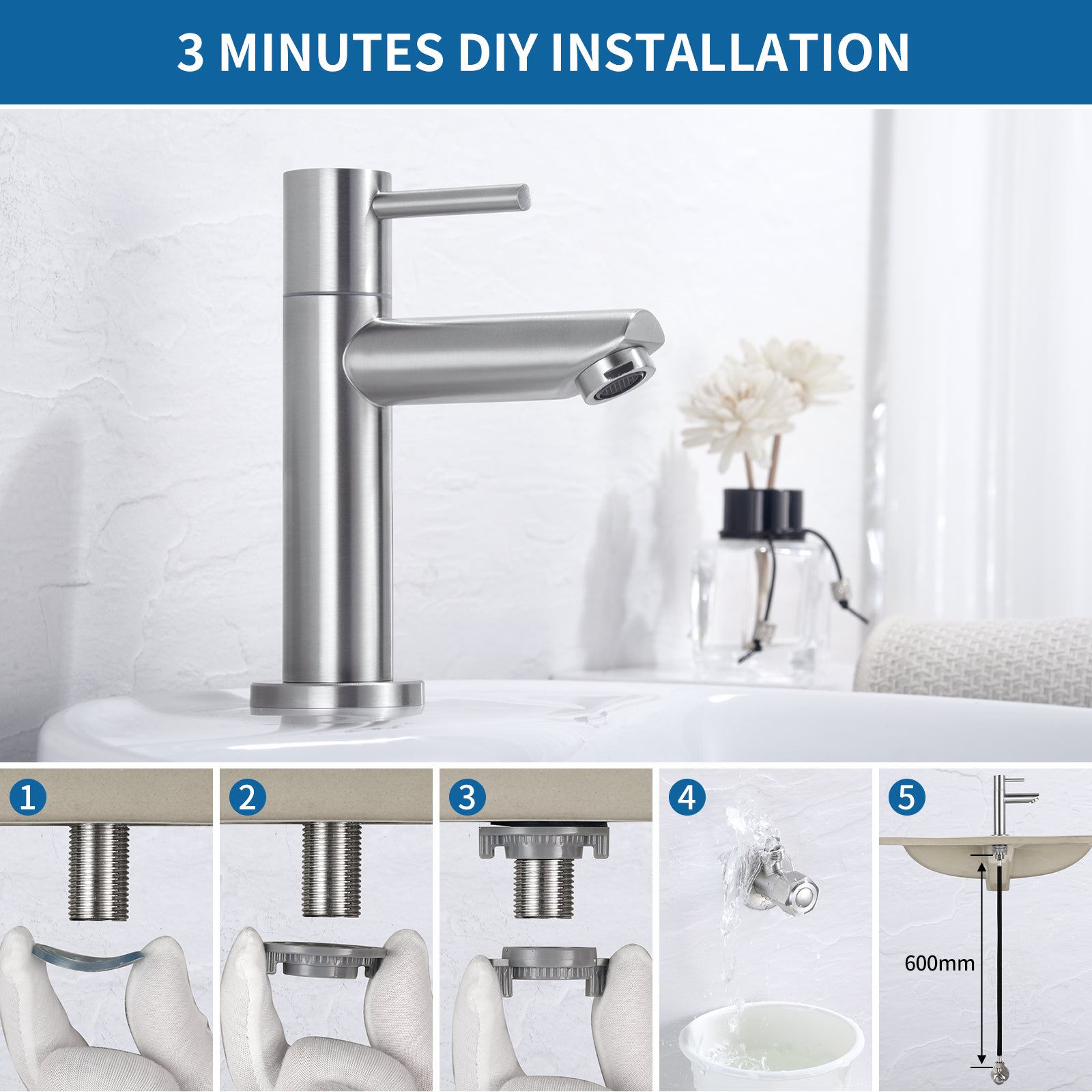 Cecipa max Robinet de lave-main Robinet de Froide Robinet de lavabo Brossé, Robinet de Lavabo d'eau Froide, Avec Aérateur Remplaçable,EU Modèle - 9