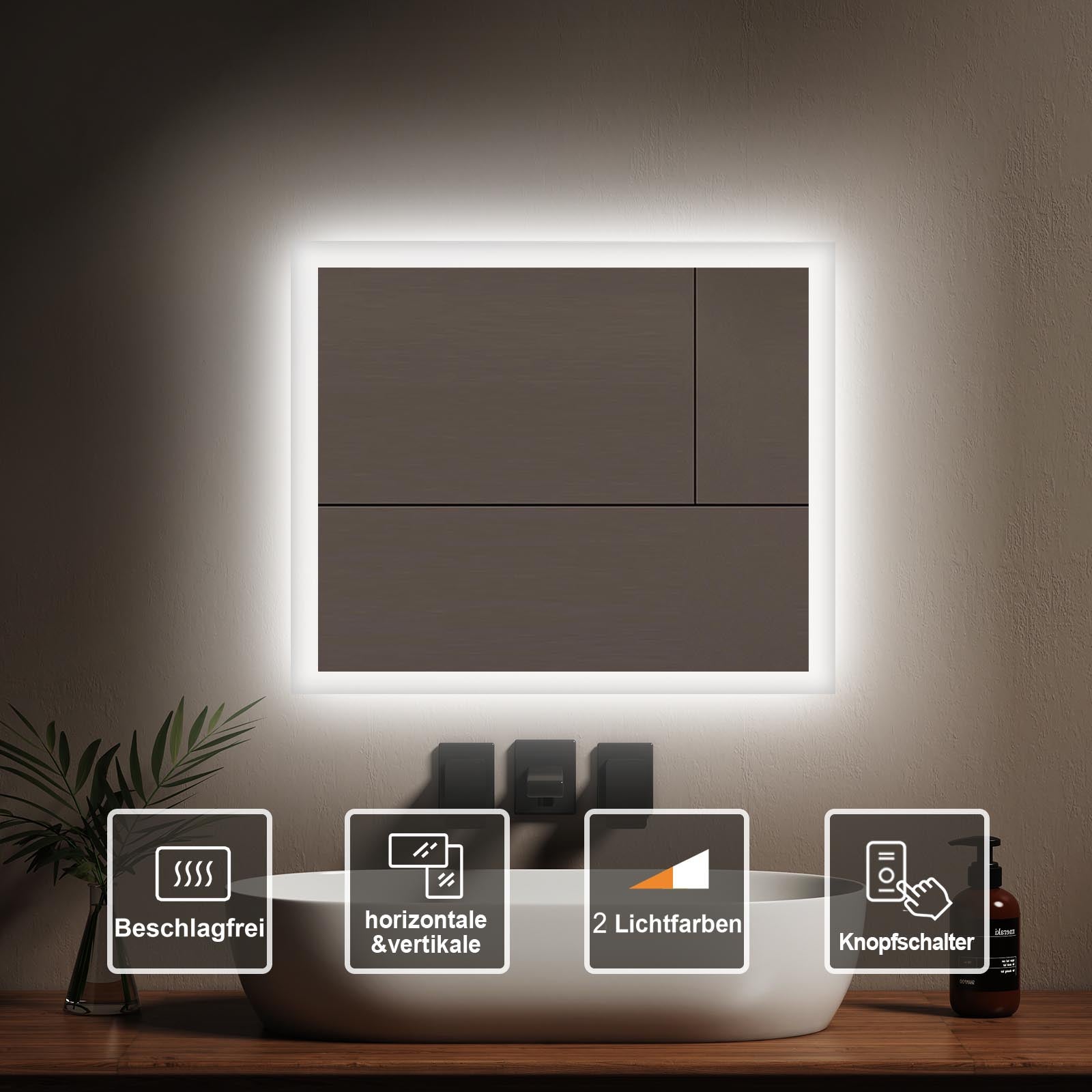 EMKE Lustro łazienkowe z oświetleniem LED 60x50 cm, z Przeciwmgielne, przełącznikiem przyciskowym, Lustro z zimnym/ciepłym białym podświetleniem