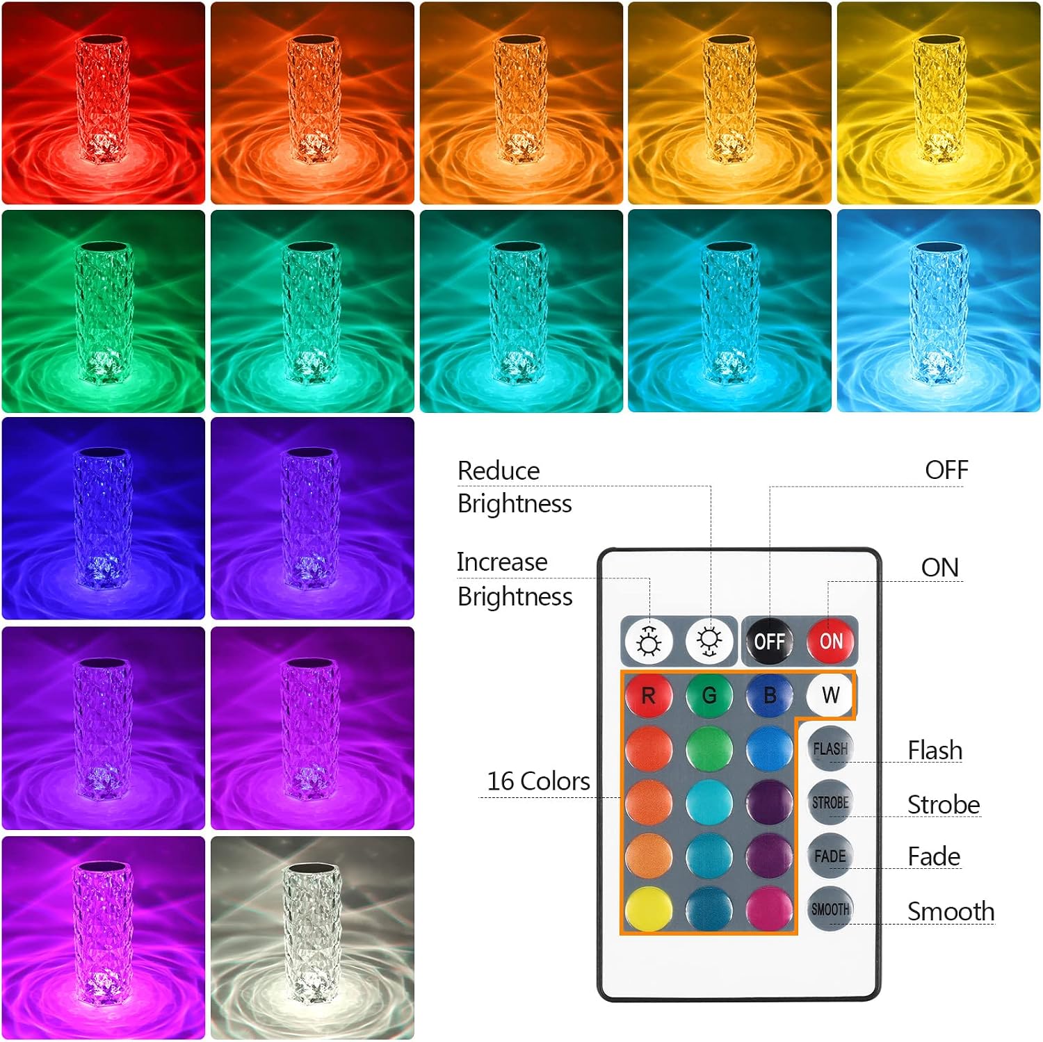 Lampa stołowa Crystal - Lampa stołowa Diamond LED z 16 kolorami - Akumulatorowe światło otoczenia - Sterowanie dotykowe i pilot zdalnego sterowania - 2