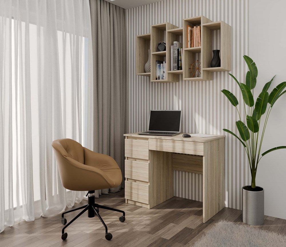 SELMA - Bibliothèque suspendue style moderne salon - 129.5x20x65 - 7 tablettes - Sonoma - 2