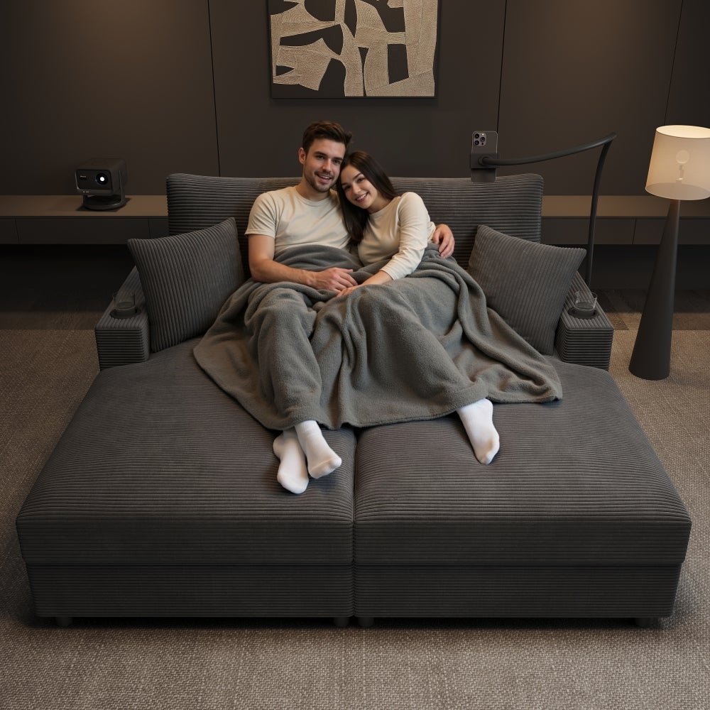 Sofa rozkładana XXL, 2-osobowa, z portem USB, uchwytem na kubek, uchwytem na telefon komórkowy, szara