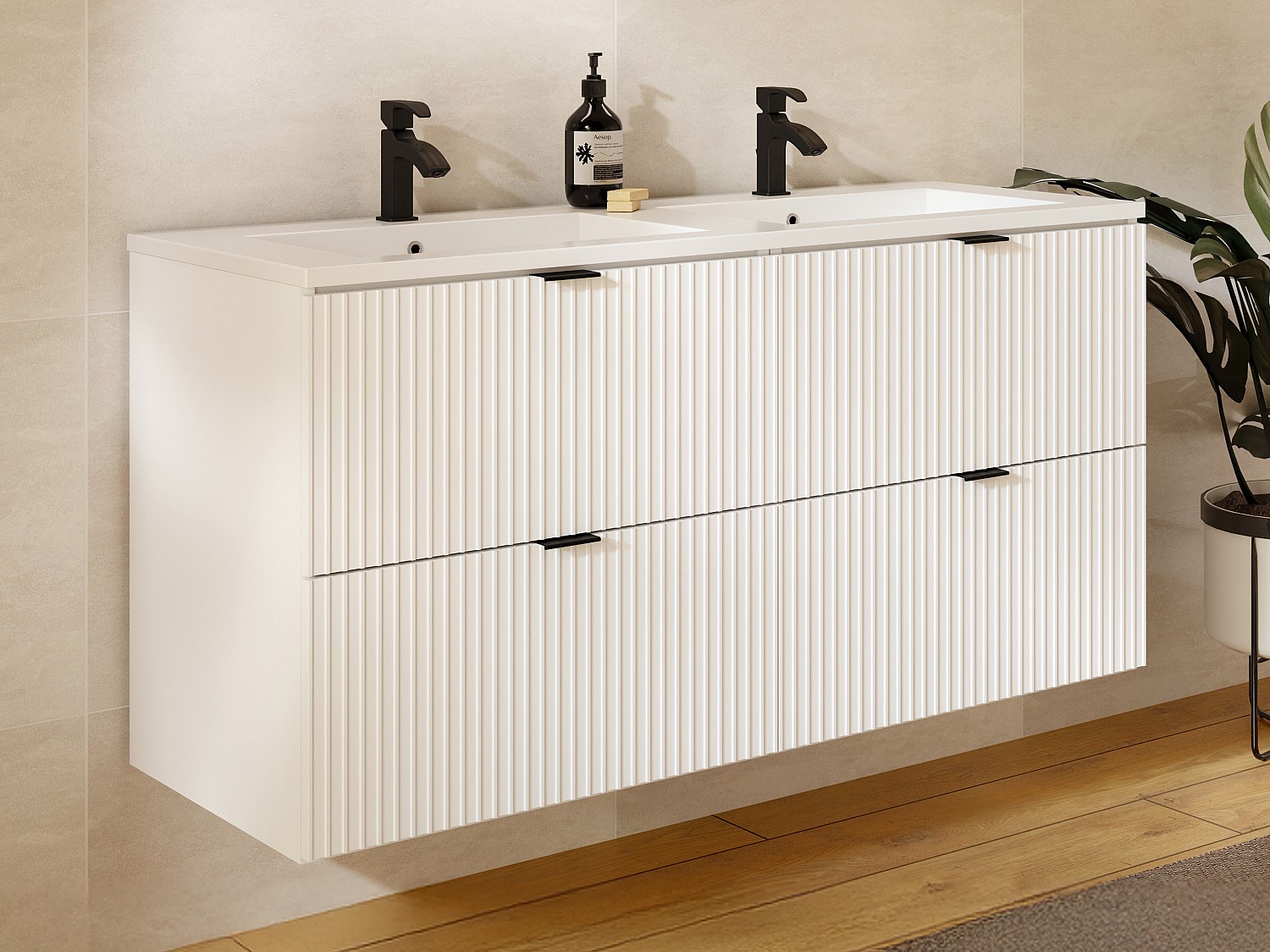 Wisząca ryflowana szafka łazienkowa z okrągłą umywalką nablatową - Biały mat - 120 cm - ZEVINI