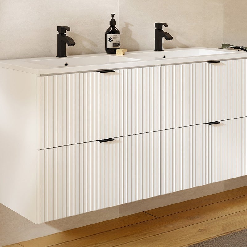 Wisząca ryflowana szafka łazienkowa z okrągłą umywalką nablatową - Biały mat - 120 cm - ZEVINI