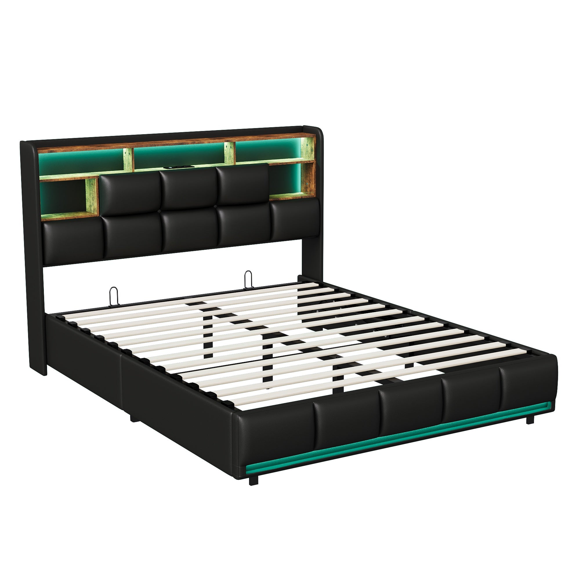 Lit 160x200cm - Lit Coffre 160 et Sommier - Tête de Lit avec Rangement & Station de Charge - Éclairage LED RGB - Similicuir Noir - 5
