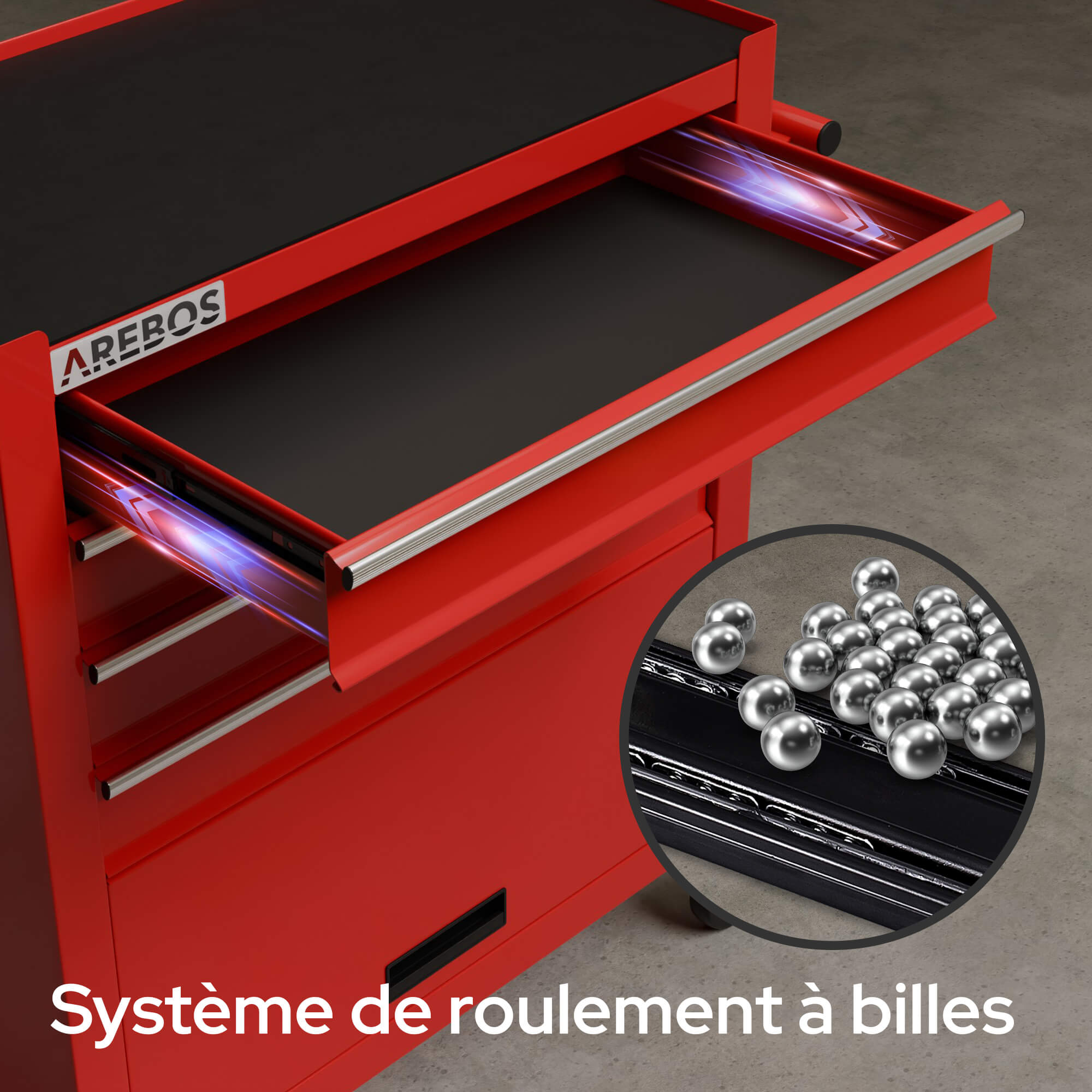 AREBOS Chariot d'Atelier Chariot à Outils 4 Tiroirs + Grand Compartiment 4 roulettes Construction Robuste Tapis antidérapants Rouge - 3