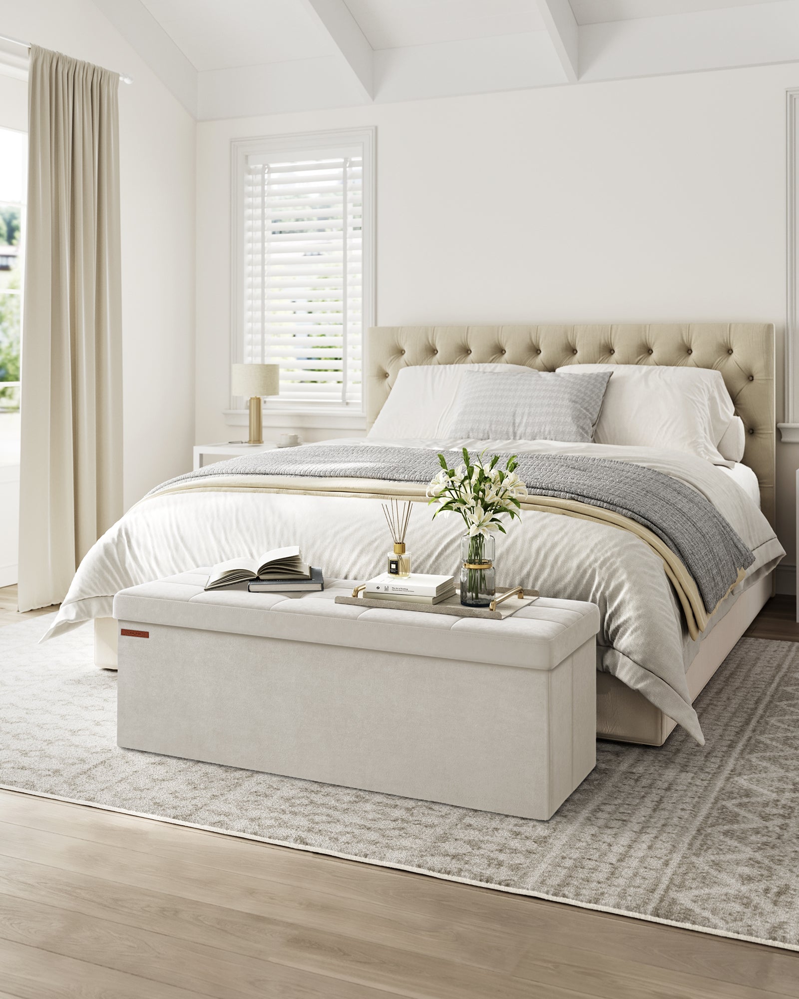 Banc de Rangement, Pouf en Velours, avec Couvercle, avec 2 Boîtes, Séparateur Amovible, 38 x 110 x 38 cm, Capacité de Charge 300 kg, Blanc Crème - 2