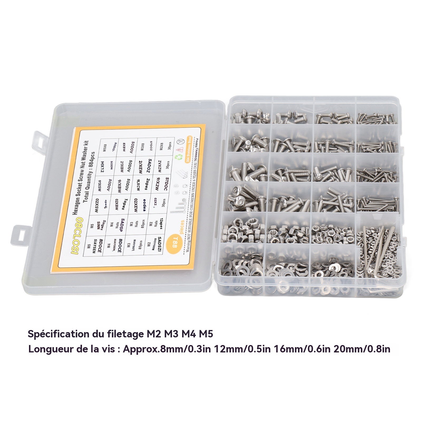 Kit 884 uds tornillos hexagonales M2–M5 acero inoxidable 304 + arandelas + 4 llaves Allen + estuche - 4